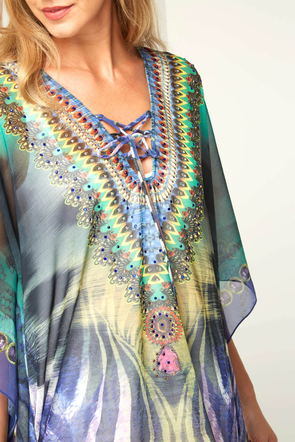 Emerald Tropical Print Diamante Kaftan, Image 4 of 4