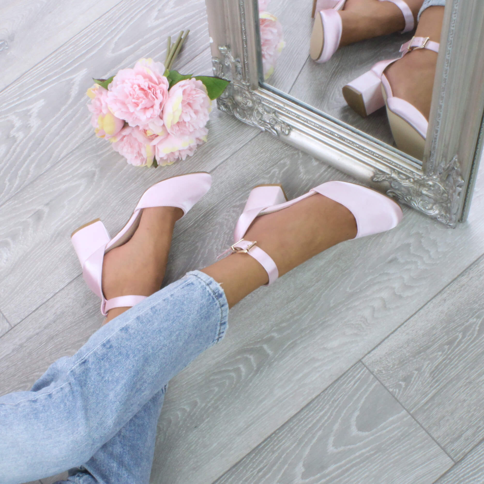 Light Pink AJVANI Light Pink Mid Block Heel Ankle Strap 2 Part Heels, Image 5 of 6