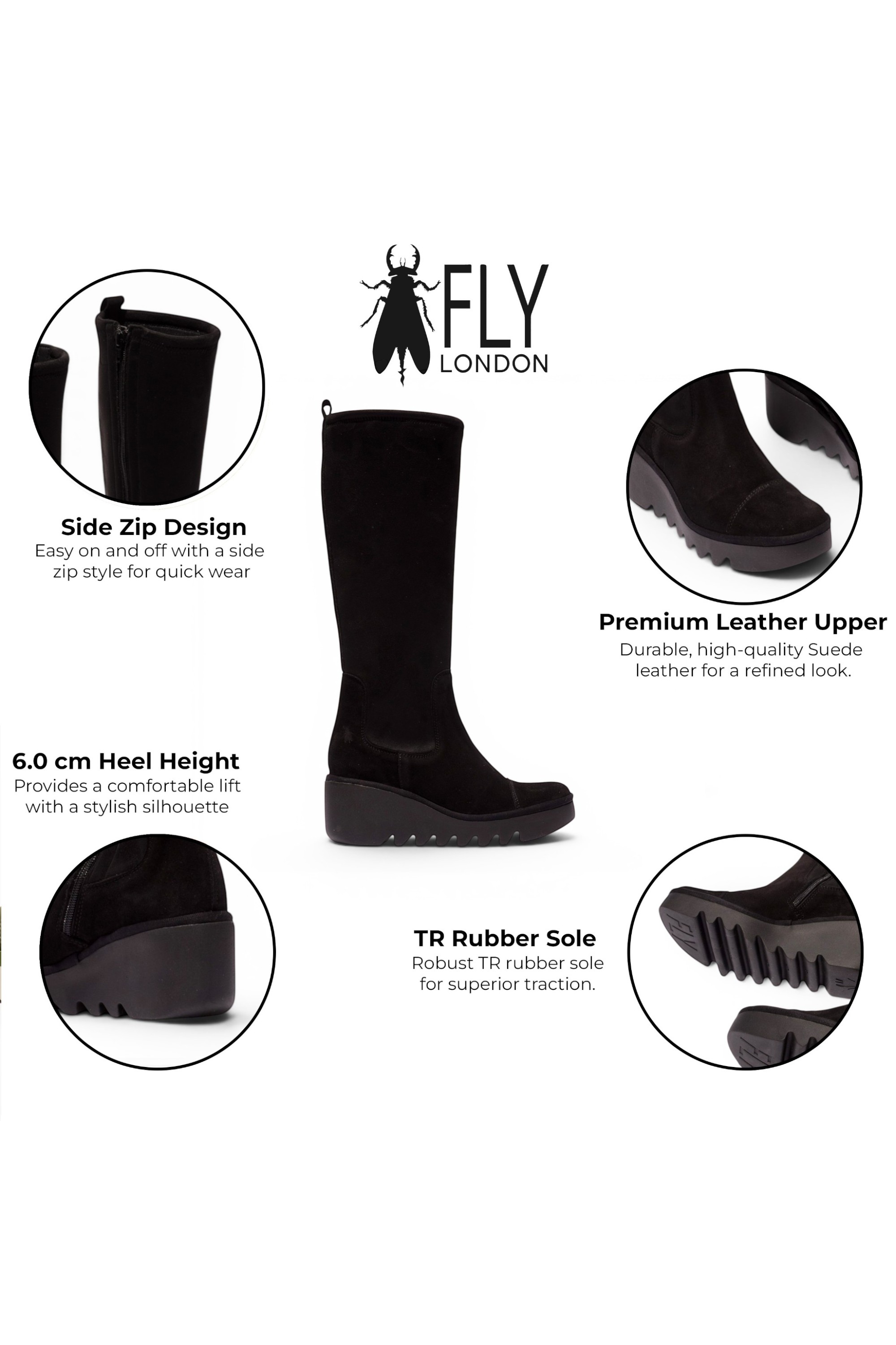 Charcoal Womens Leather High Wedge Boots-BUDI603, Image 3 of 5