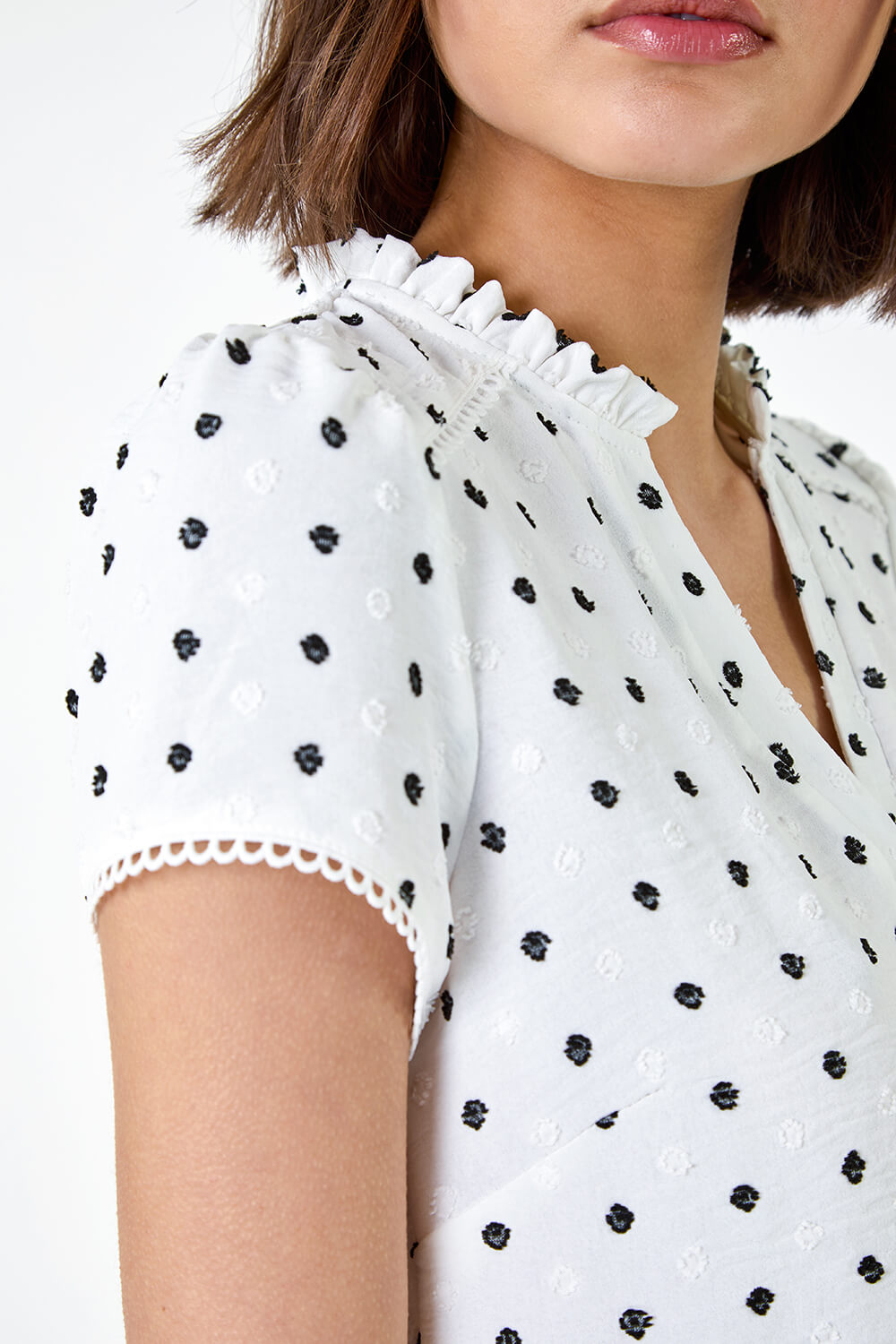 Ivory Textured Spot Print V-Neck Ruffle Detail Top, Image 6 of 5