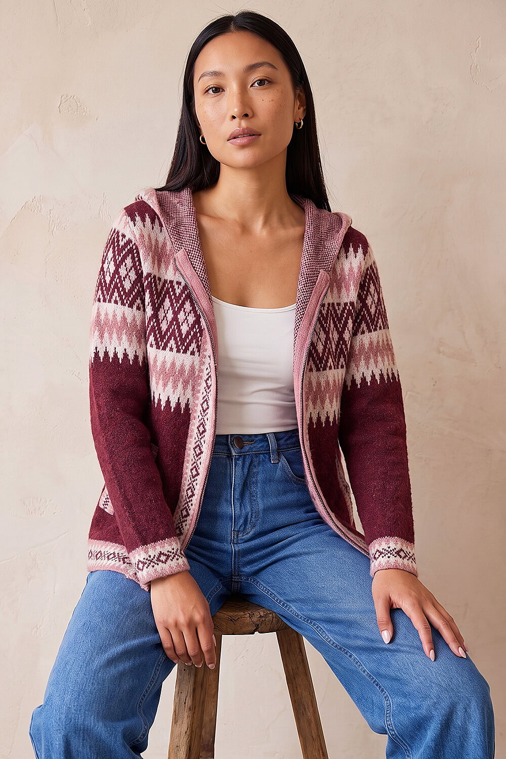 Roman Women's Burgundy Jacquard Zipped Knit Cardigan Size 20