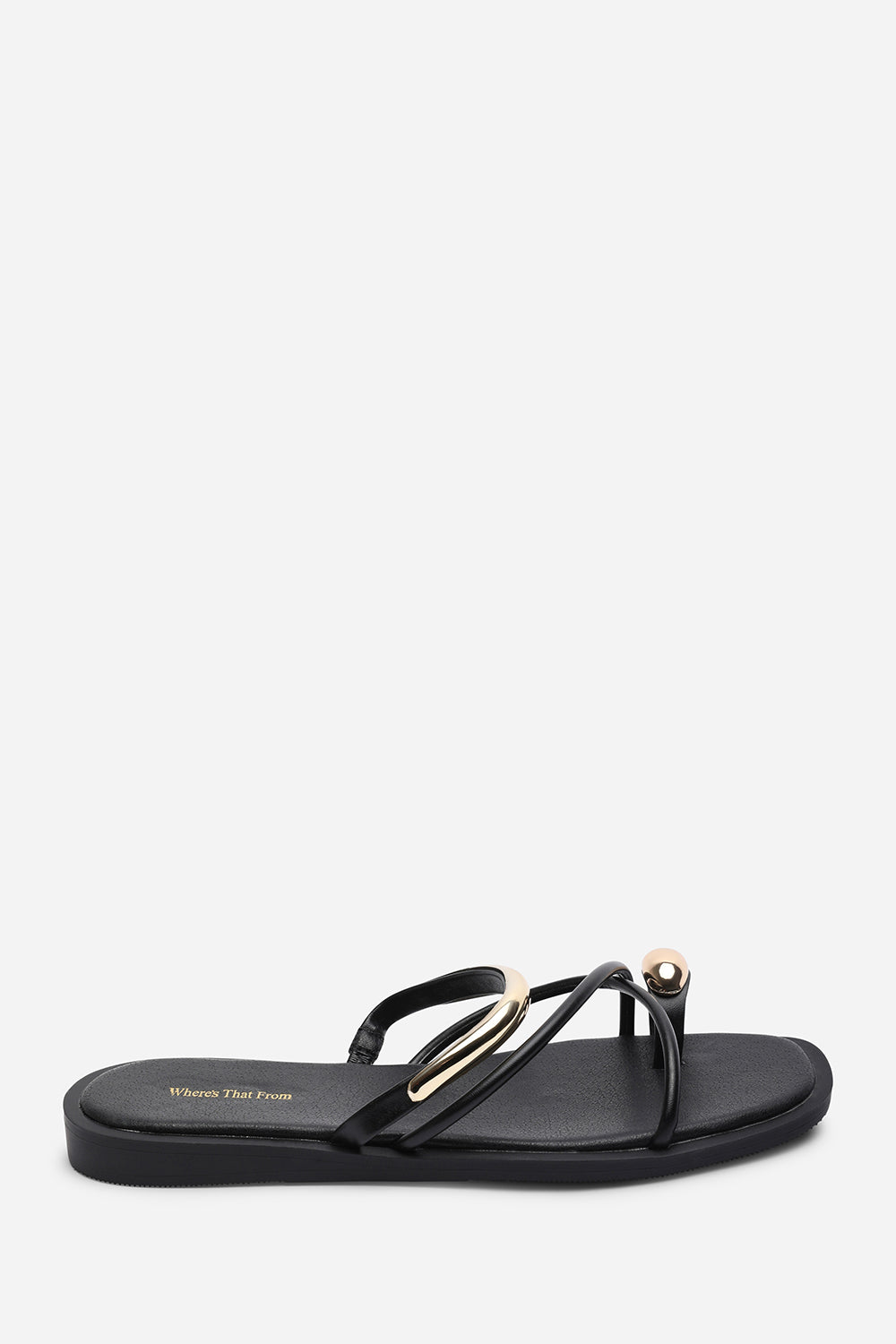 Black Zelina Strappy Metal Toe Loop Slide On Sandal, Image 2 of 6