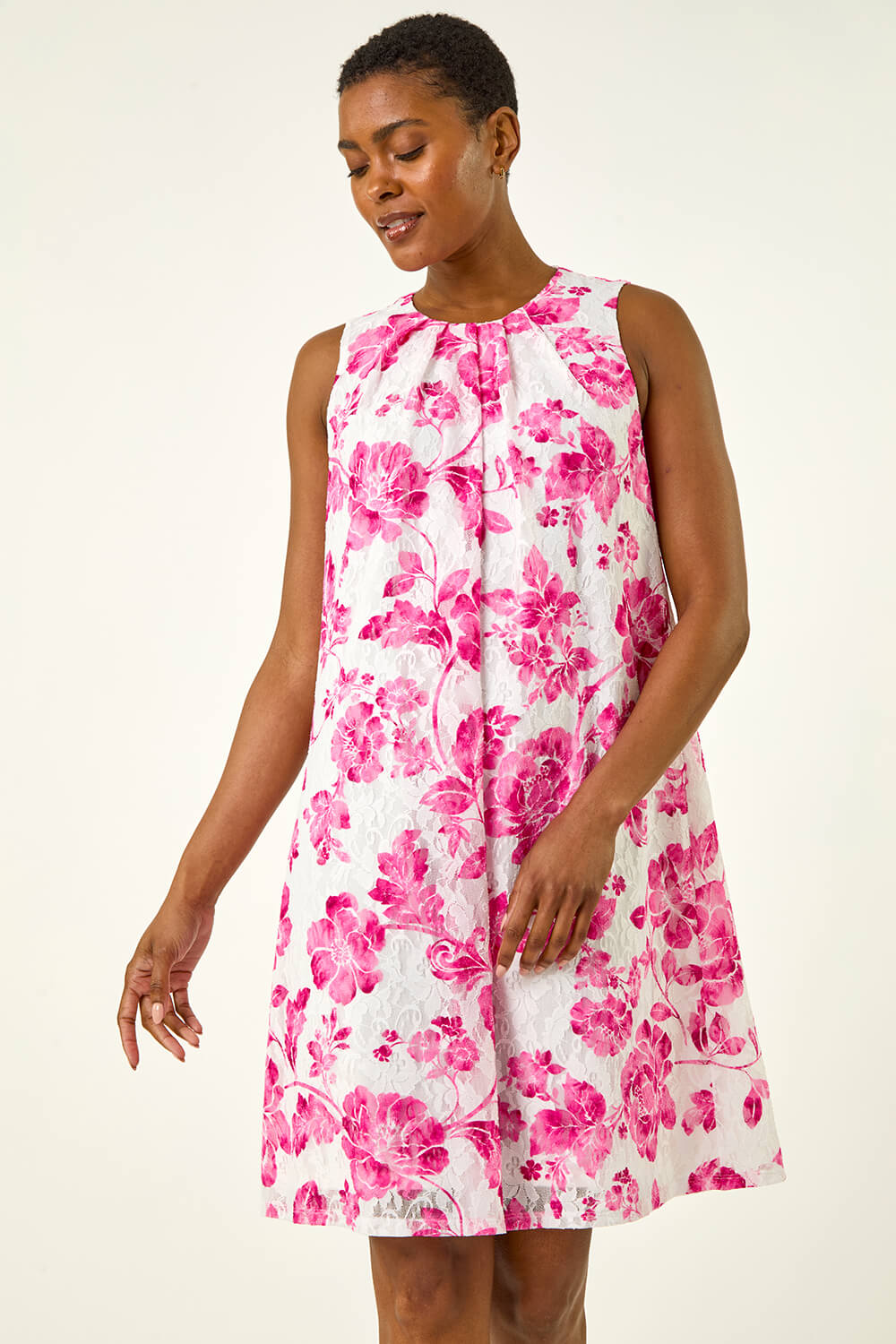 Roman Women's Fuchsia Floral Lace Swing Stretch Dress Size 16