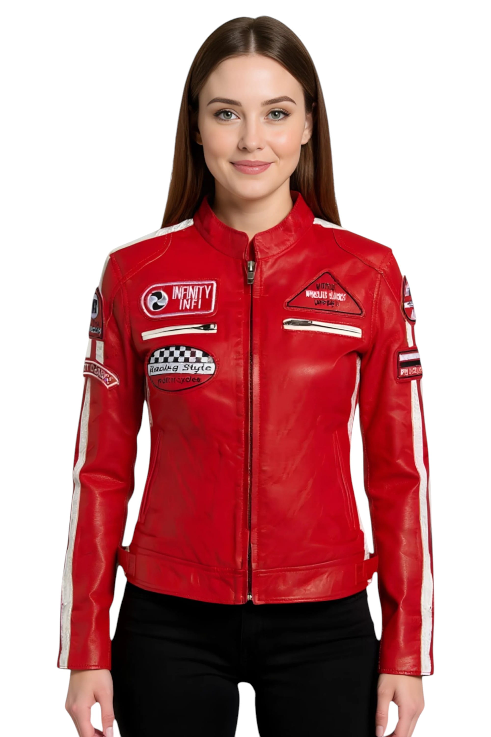 Red Leather Biker Racing Badges Jacket-Dalby, Image 1 of 6