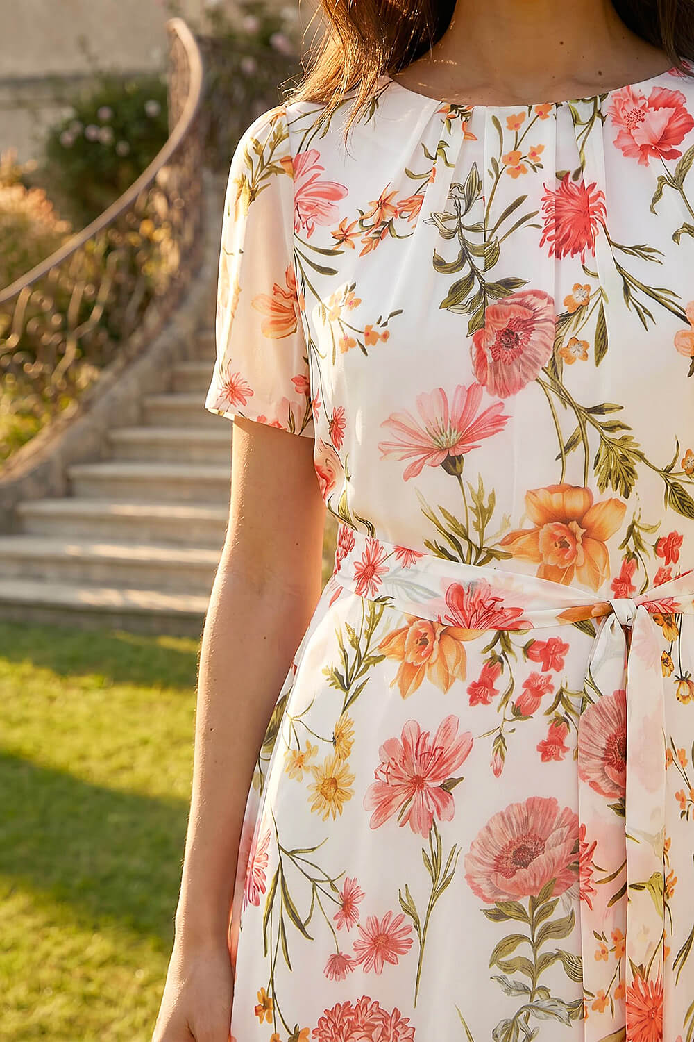 Ivory Floral Chiffon Pleated Dress, Image 5 of 4