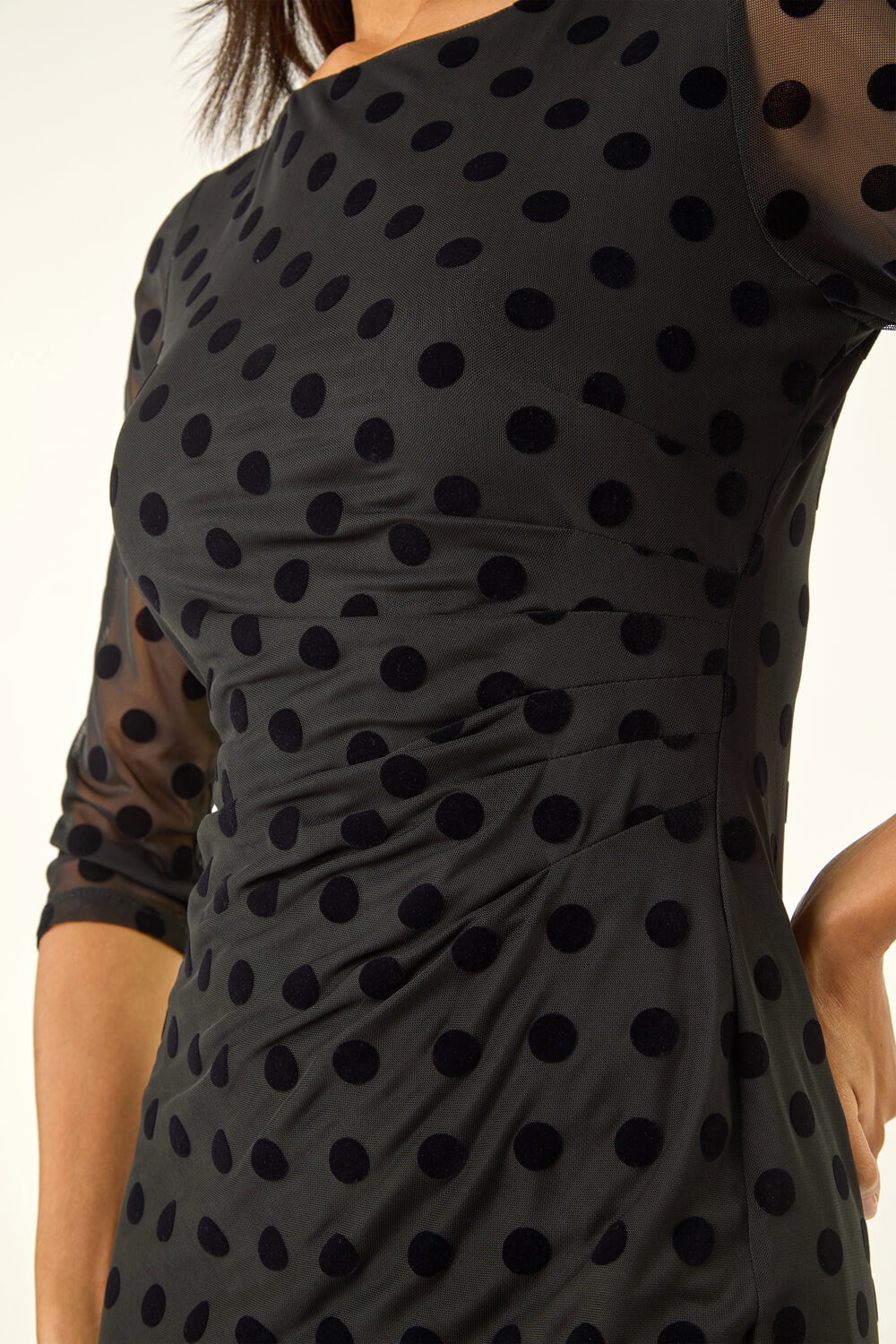 Black Polka Dot Ruched Stretch Dress, Image 6 of 5