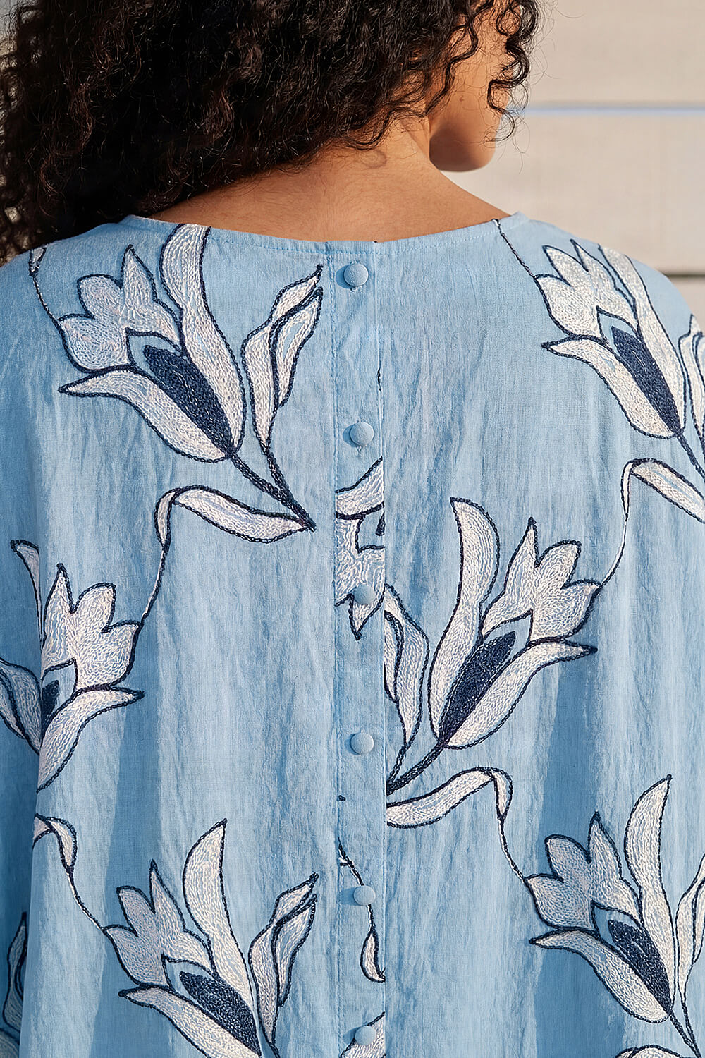 Light Blue Floral Embroidered Buttoned Back Top, Image 5 of 4
