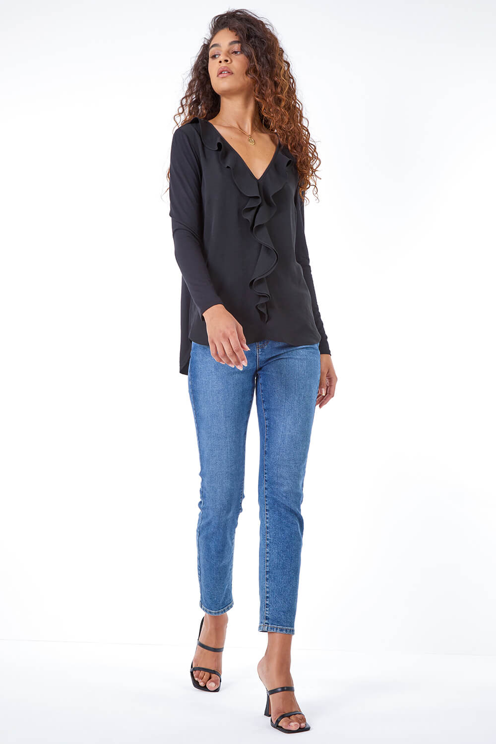 Crush Frilled V-Neck Top Black