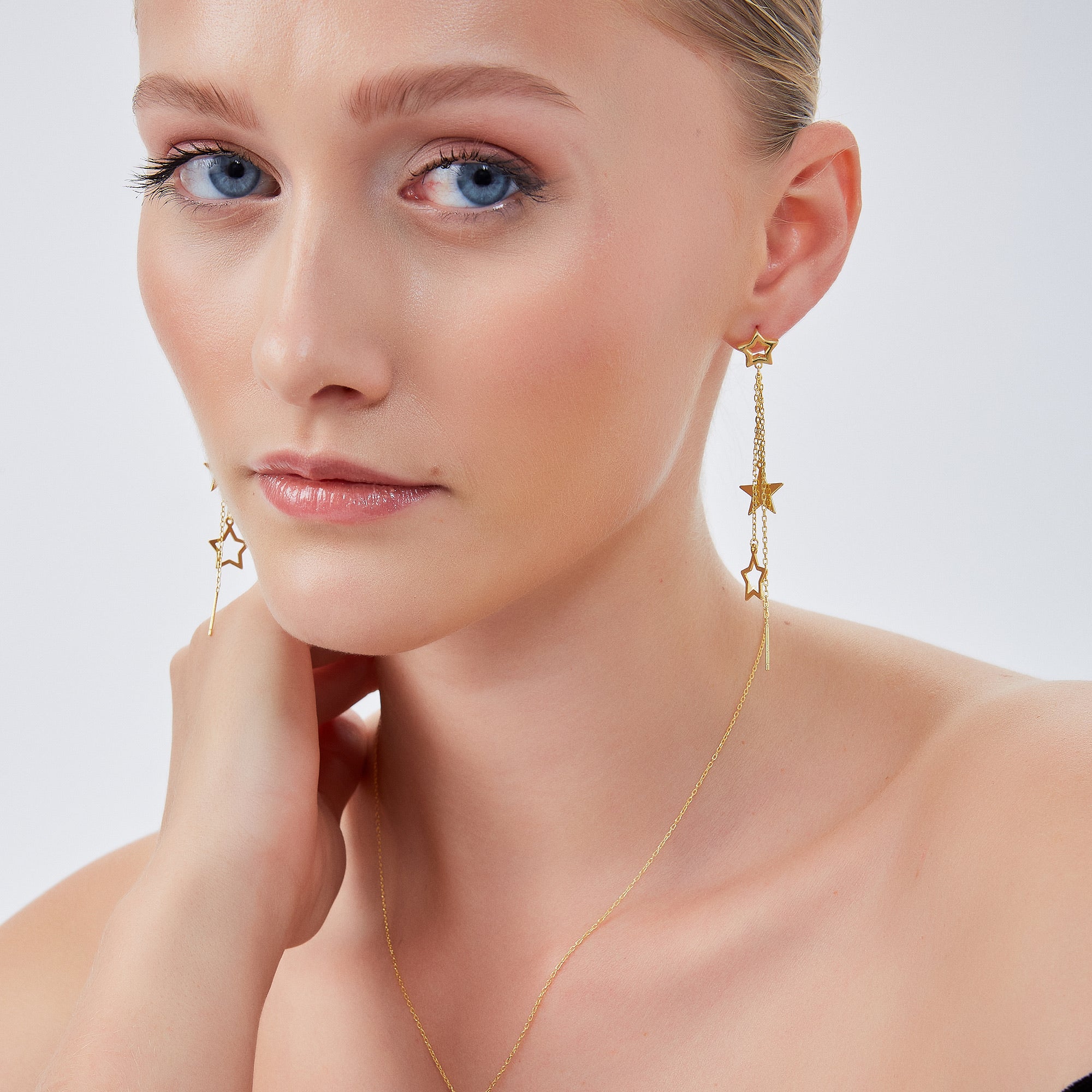 Gold Chain and Stars Sterling Silver Drop Earring, Image 2 of 4
