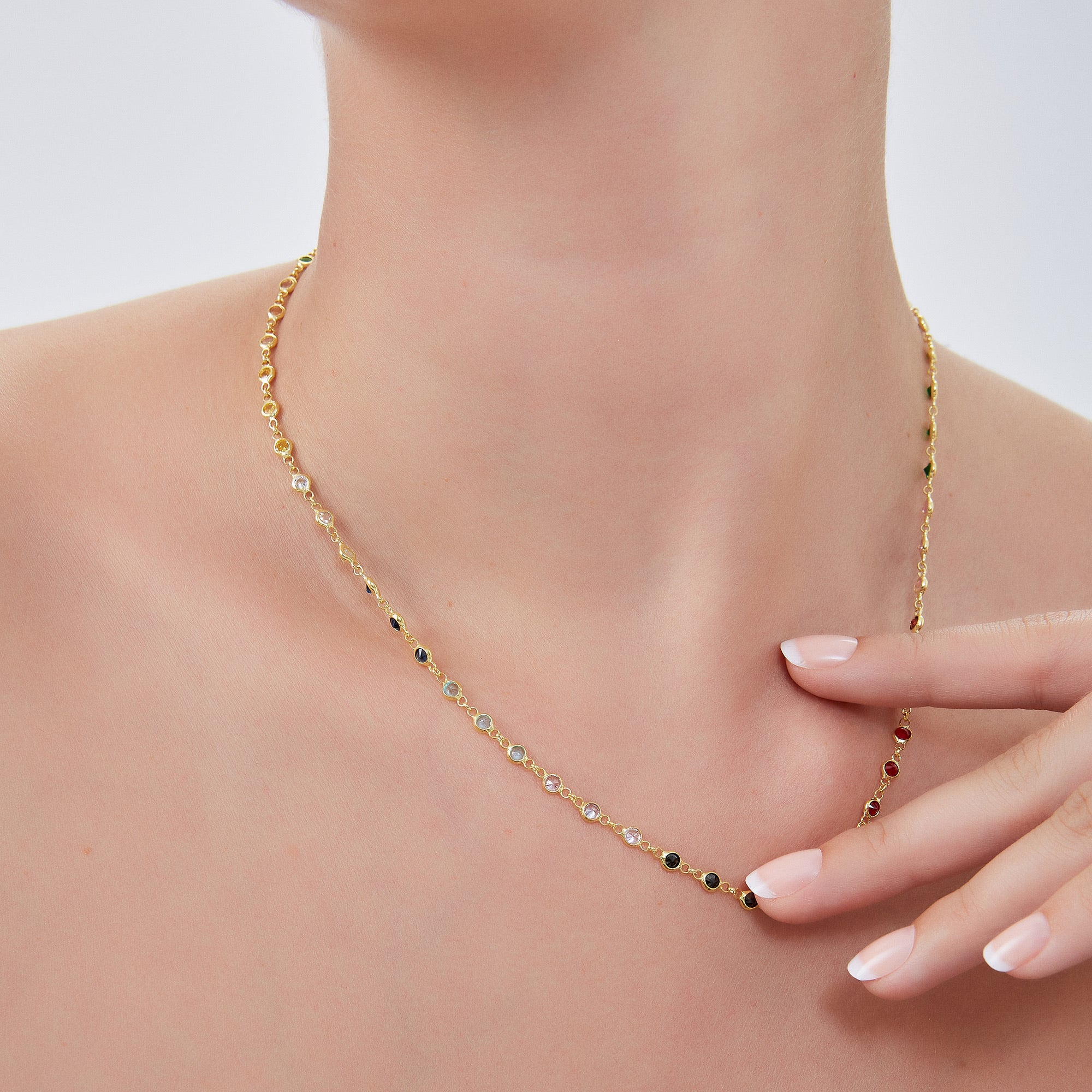 Gold Colourful Rainbow Jewelled Sterling Silver Chain Necklace, Image 2 of 5