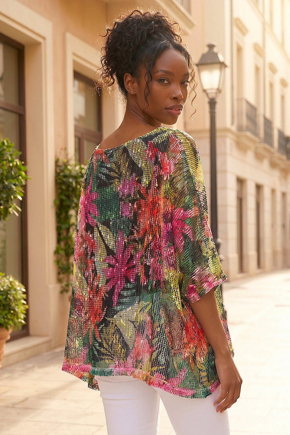 Pink Floral Print Mesh Overlay Top, Image 4 of 4