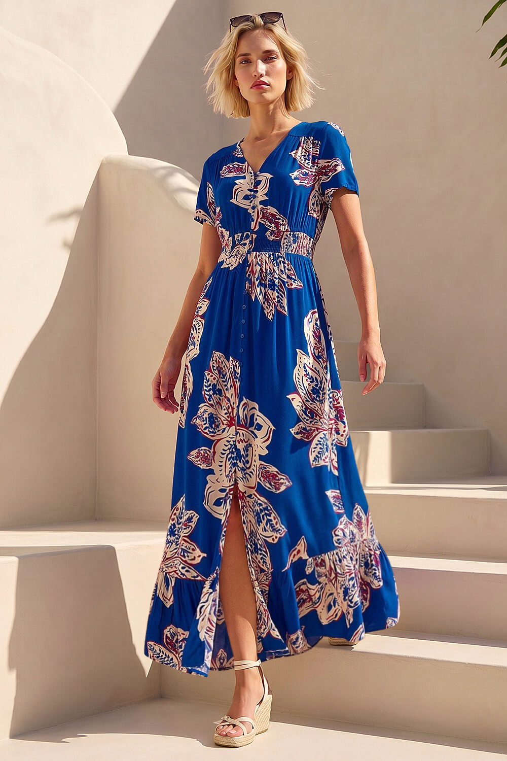 Roman Women's Blue Leaf Print Shirred Maxi Dress Size 12