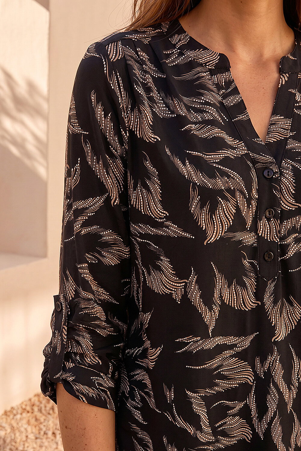Beige Textured Abstract Print V-Neck Stretch Shirt, Image 4 of 4