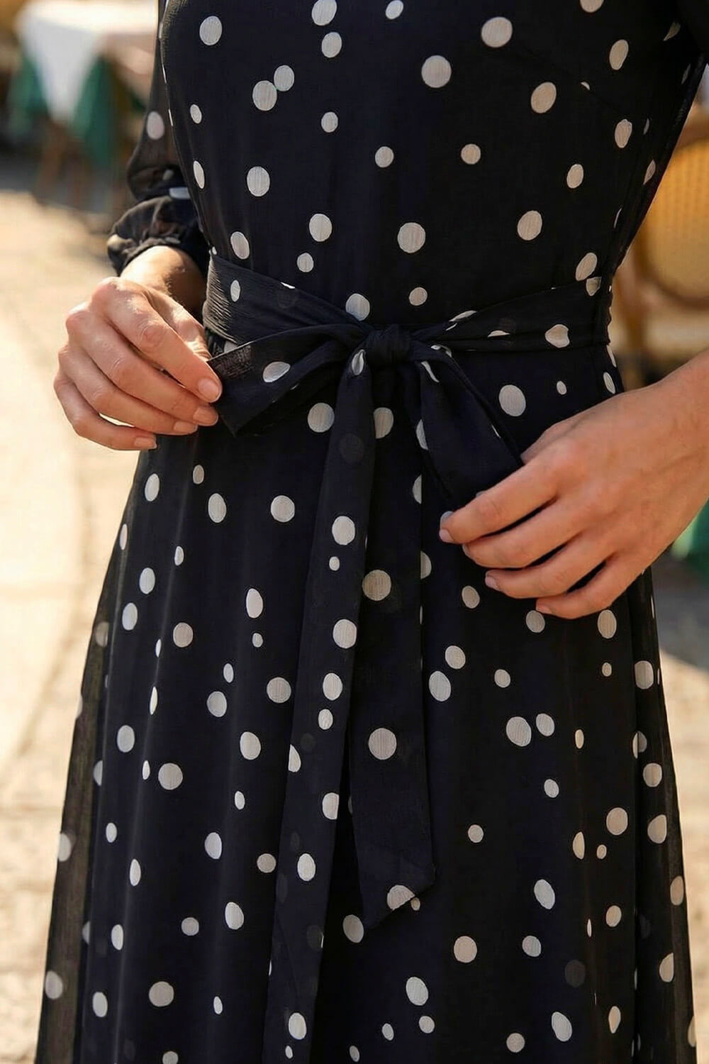 Black Polka Dot Pleat Neck Midi Dress, Image 6 of 5