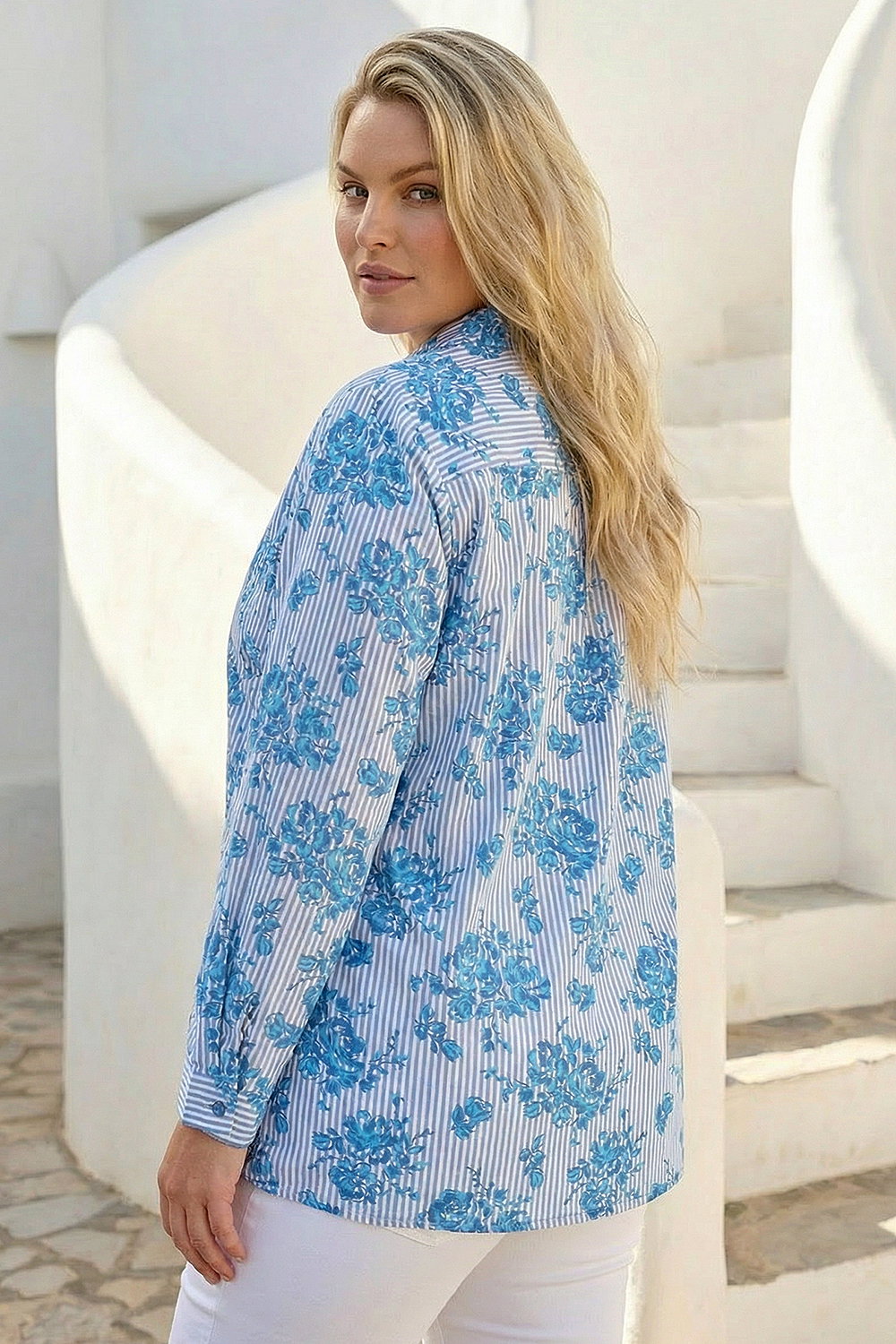 Blue Curve Stripe Floral Print Blouse , Image 4 of 4