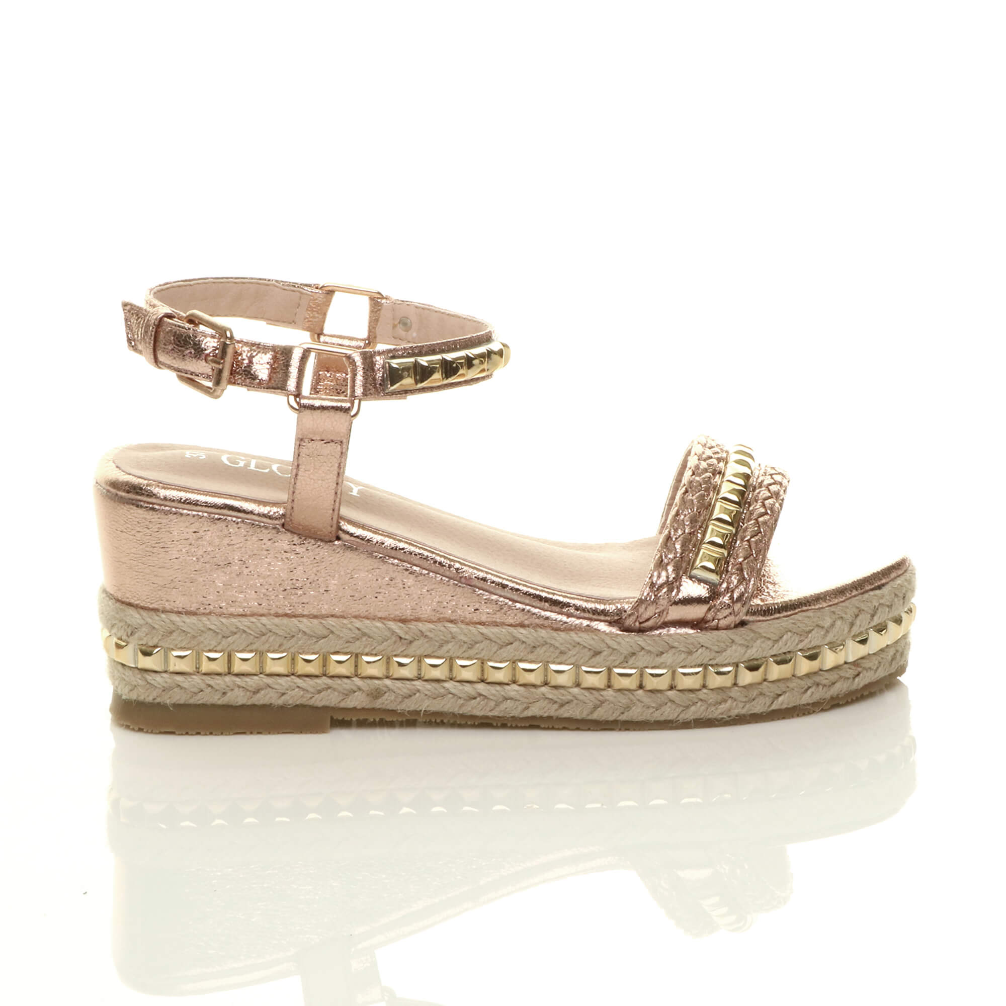 Rose Gold Mid Wedge Studded Flatform Sandals Espadrilles, Image 2 of 6