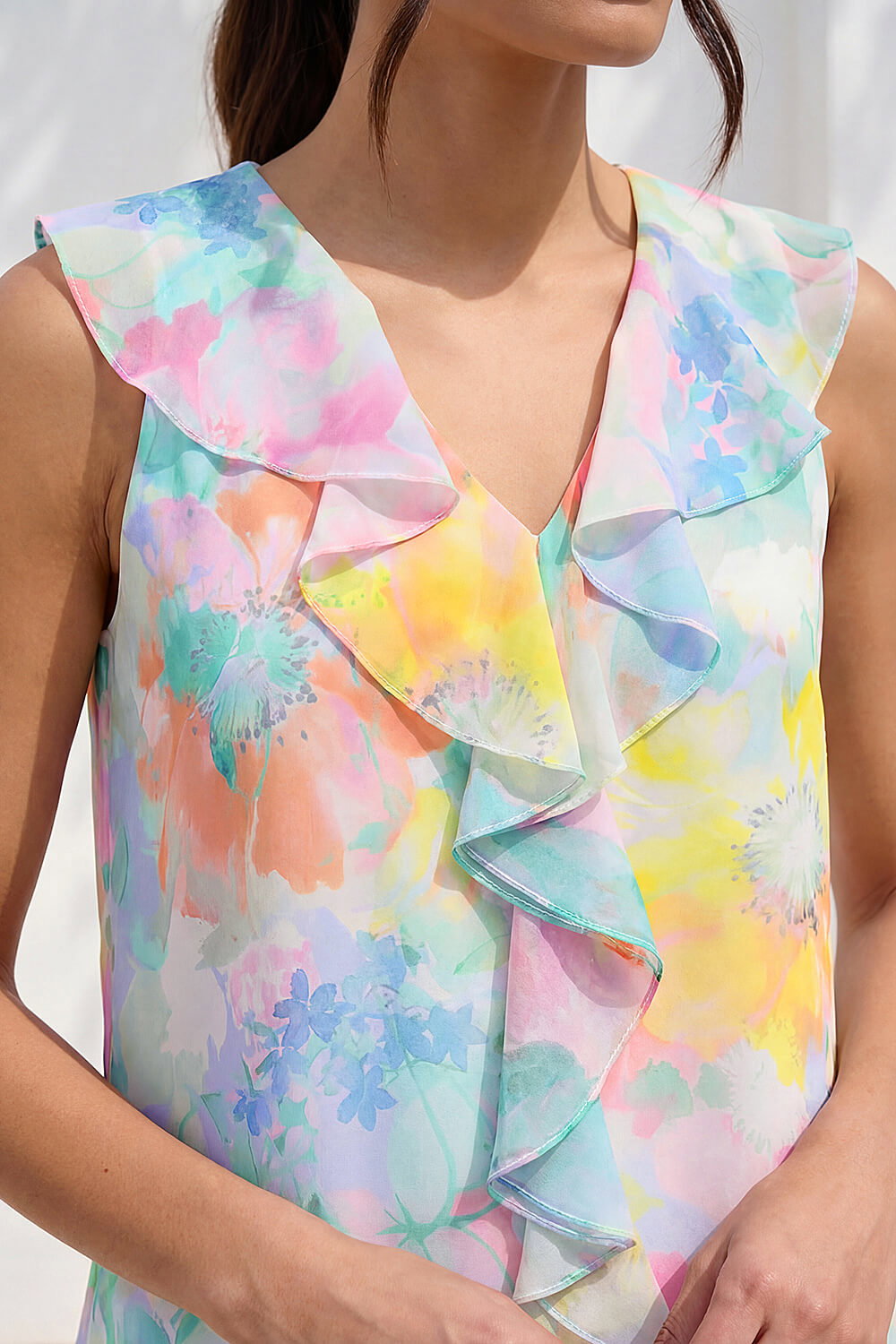 Green Floral Print V-Neck Ruffle Front Top, Image 5 of 4