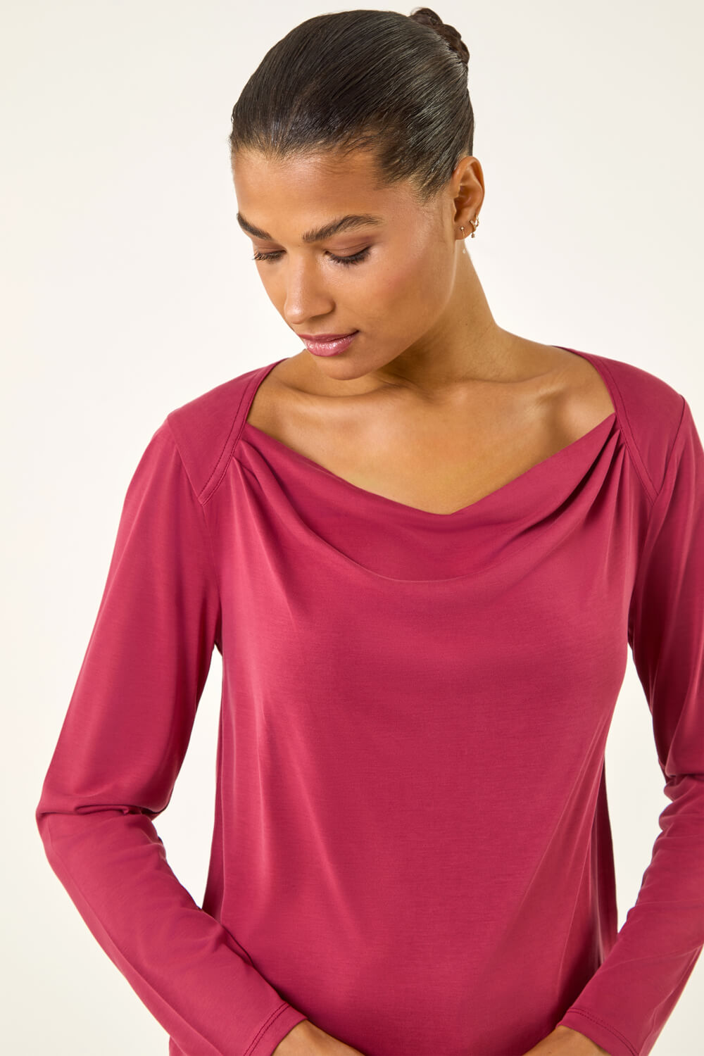 Burgundy Cowl Neck Premium Stretch Top, Image 5 of 5