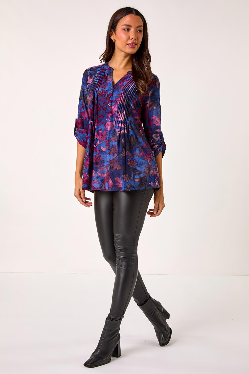Blue Textured Stretch Pintuck Pleat Shirt, Image 3 of 5