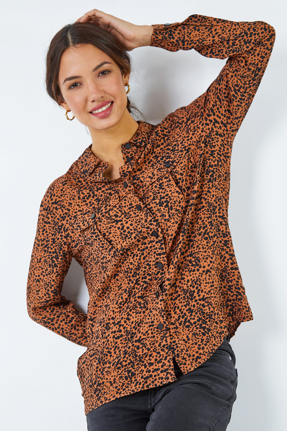 Camel Leopard Print Pocket Detail Long Sleeve Blouse, Image 3 of 5