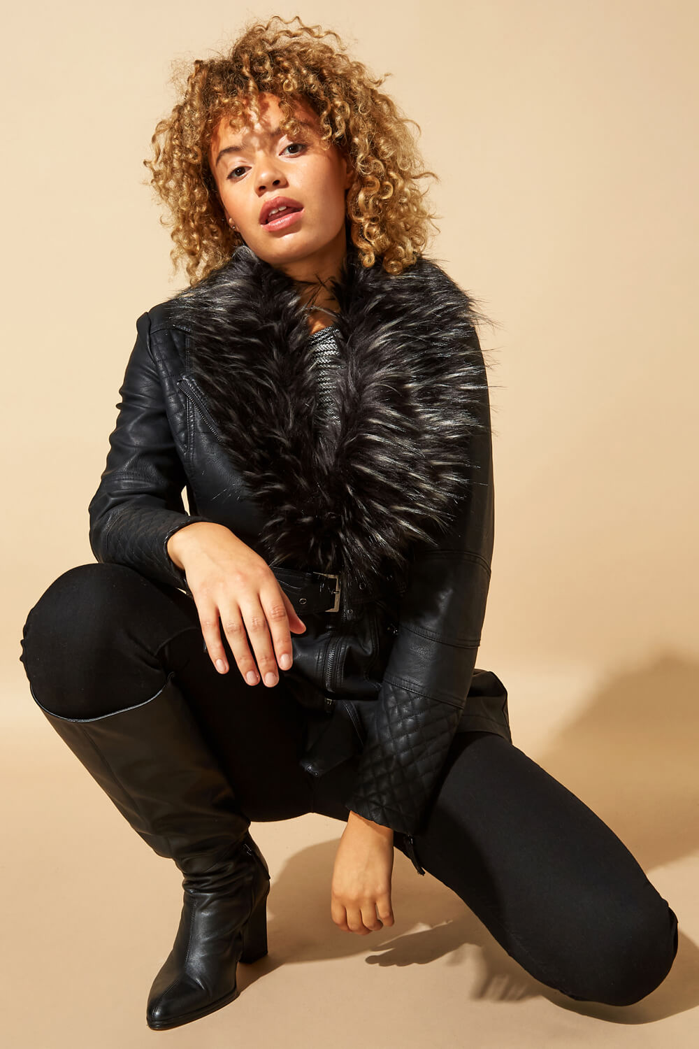 Black Longline Faux Leather Belted Coat, Image 5 of 5