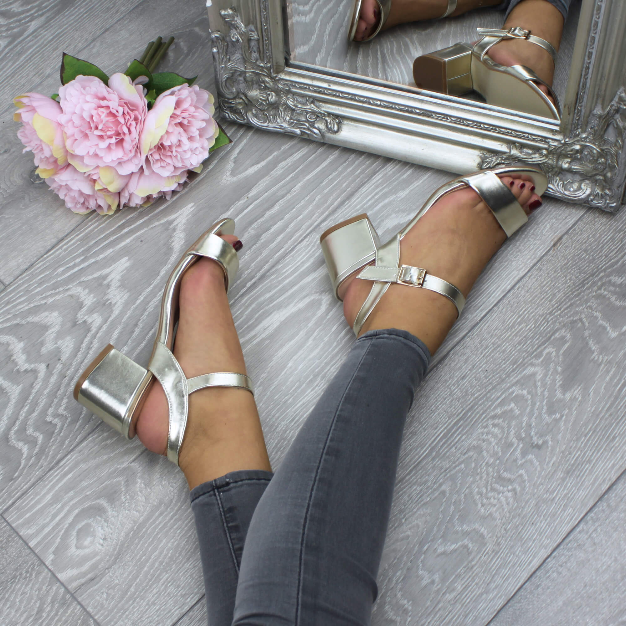 Gold AJVANI Gold Mid Block Heel Strappy Sandals, Image 5 of 6