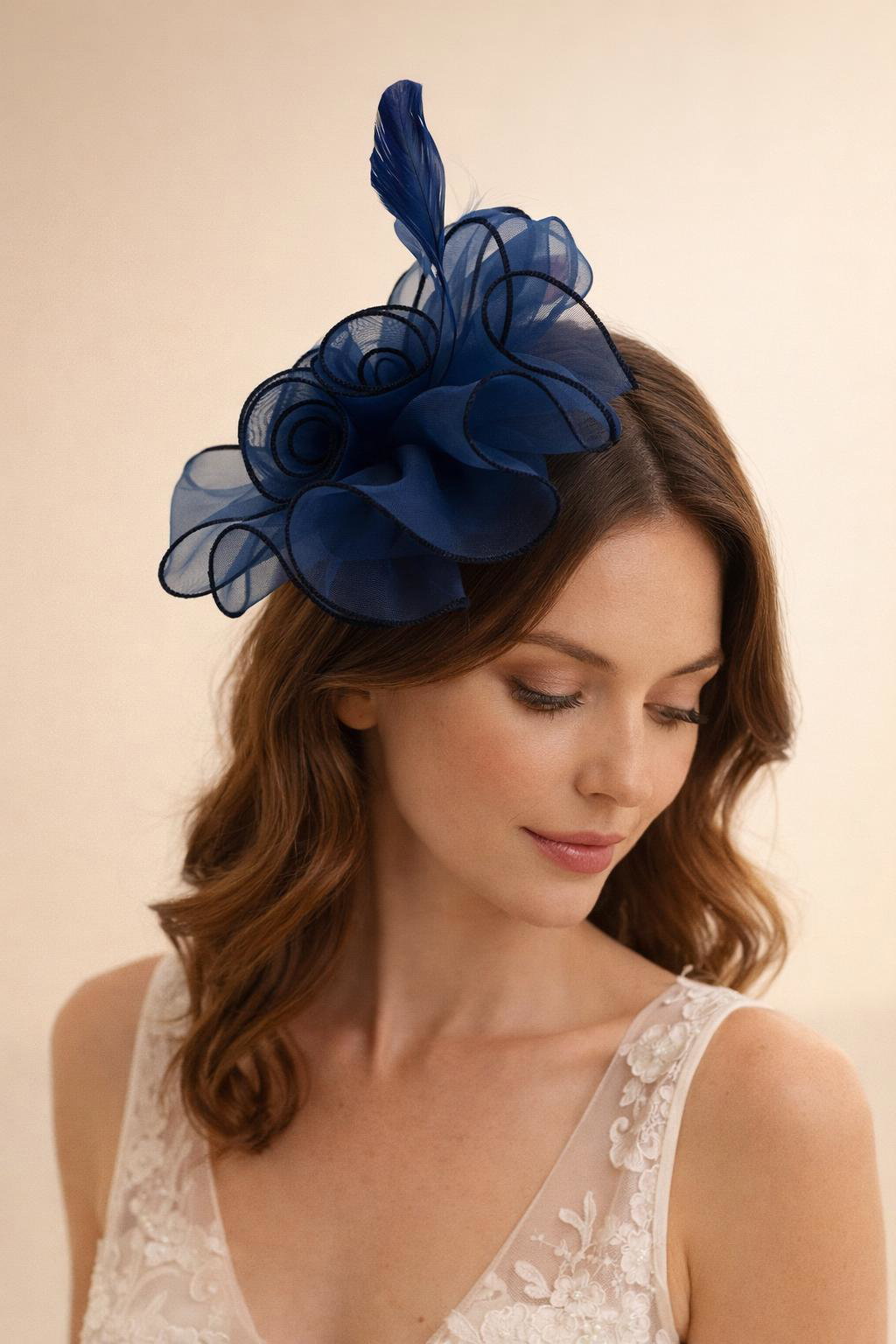 Pink Rose Bouquet With Big Bow & Feather Fascinator