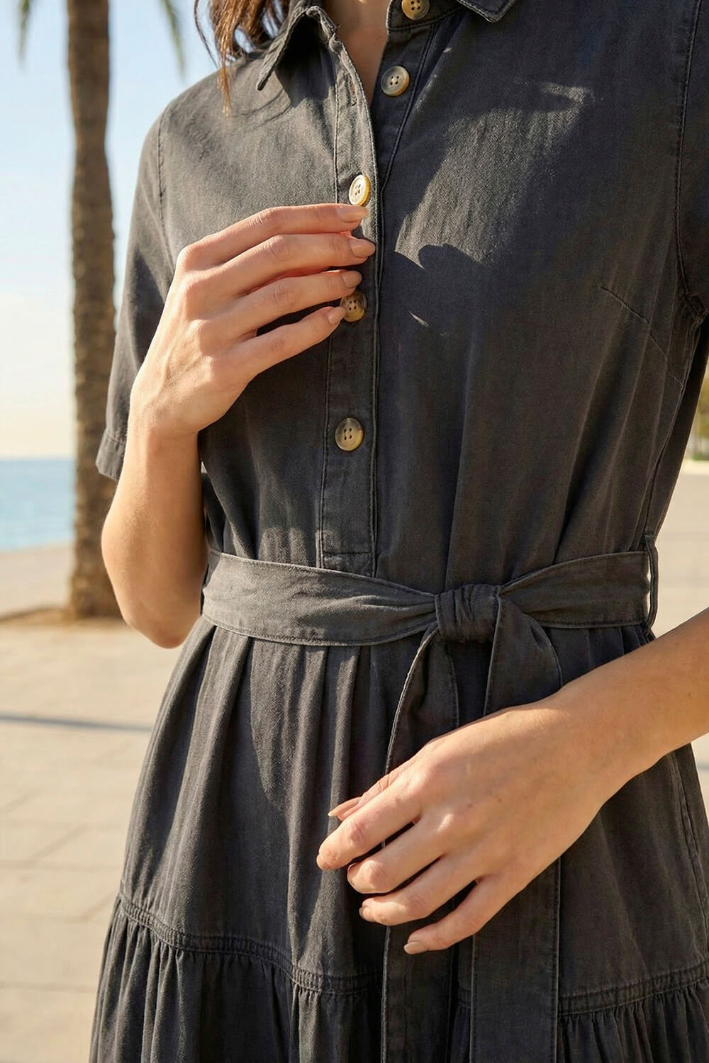 Black Button Detail Tiered Midi Dress, Image 5 of 4