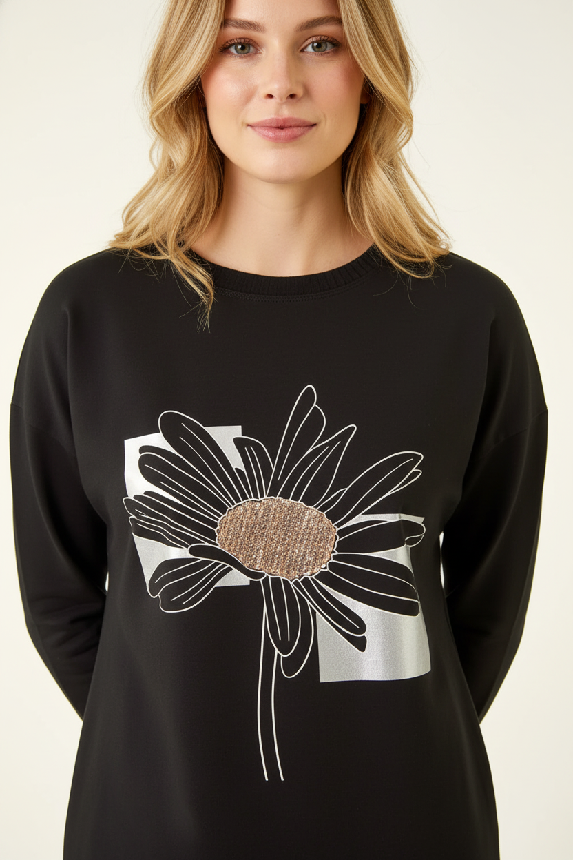 Black Floral Print Stretch Top, Image 5 of 4