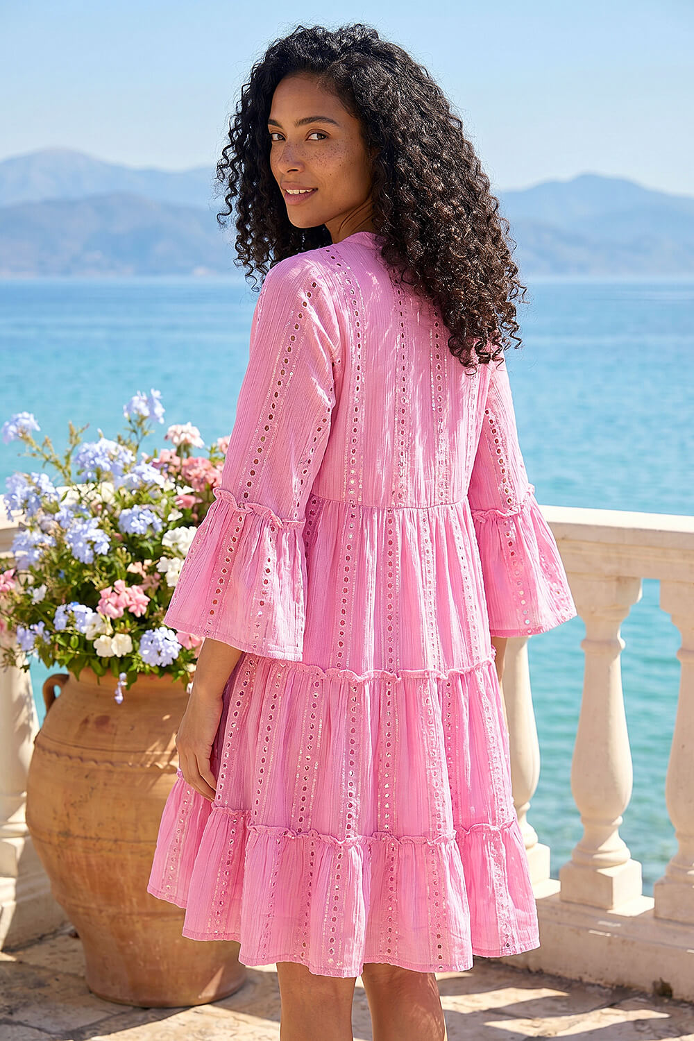 Light Pink Shimmer Tie Detail Smock Dress, Image 3 of 4
