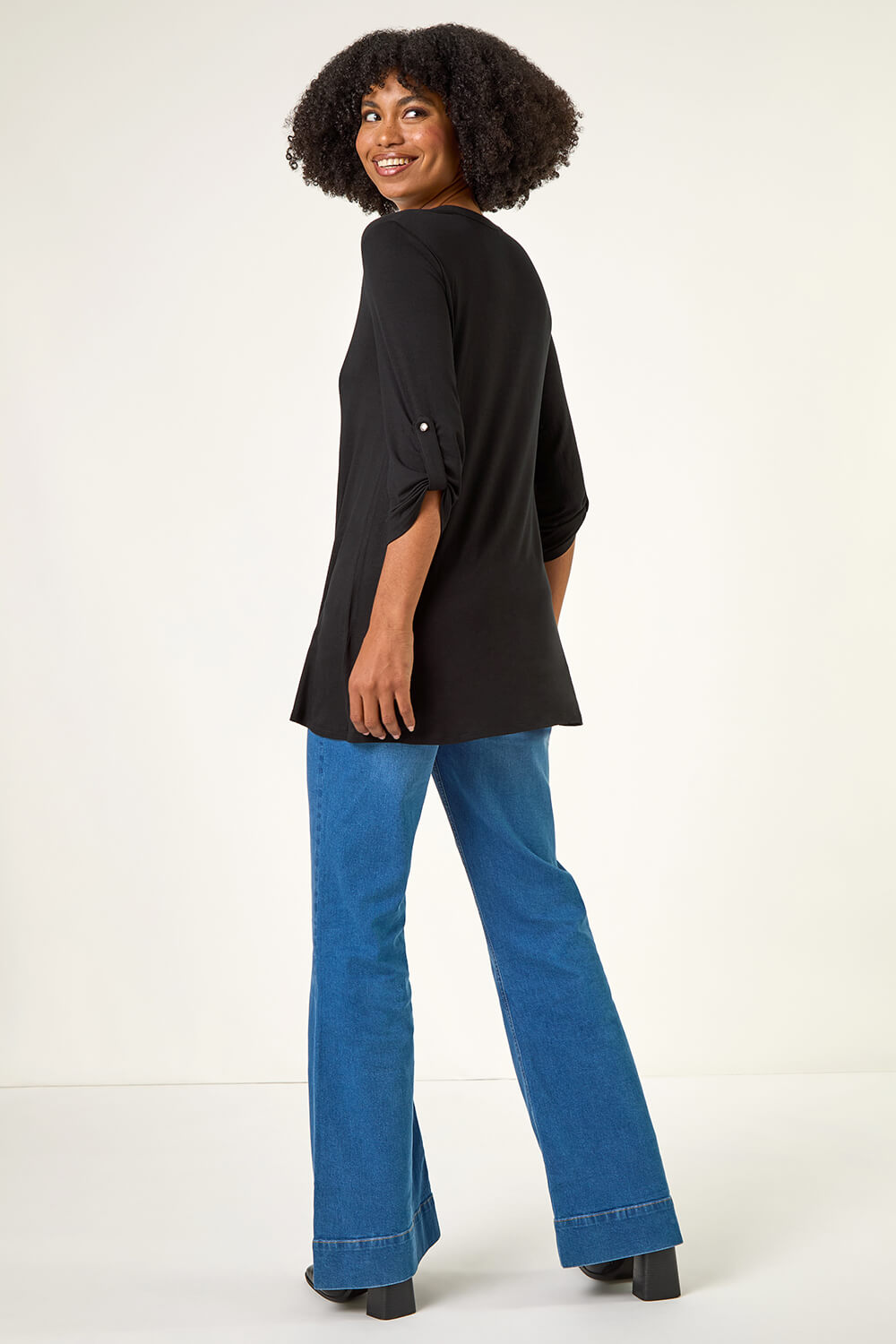 Black V-Neck Button Detail Tunic Top, Image 4 of 5