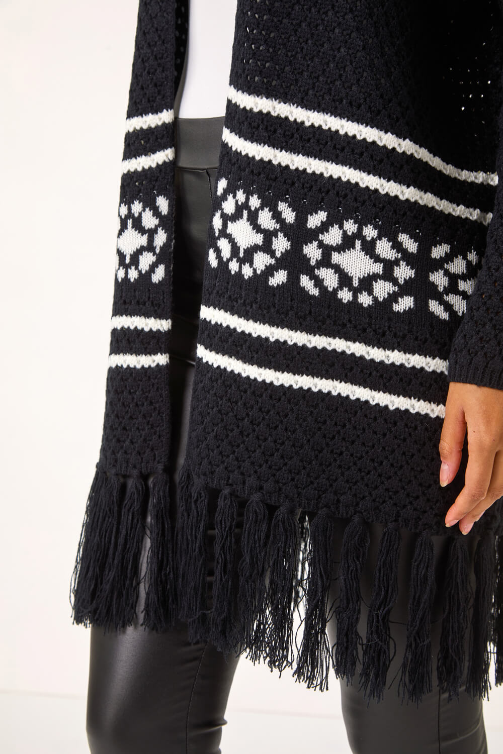 Black Jacquard Fringe Hem Knit Cardigan, Image 6 of 5
