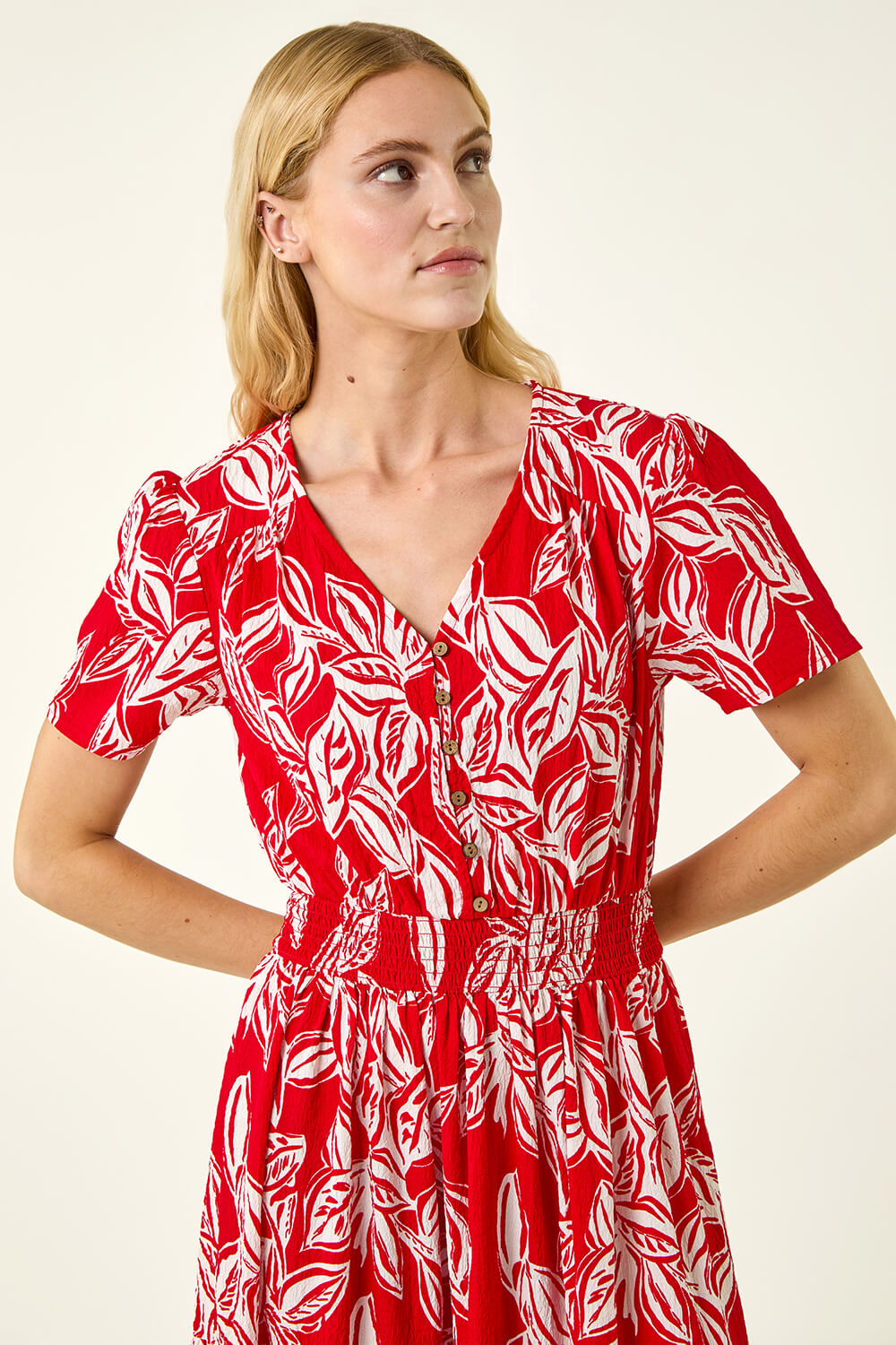Red Leaf Print Shirred Maxi Dress, Image 5 of 5