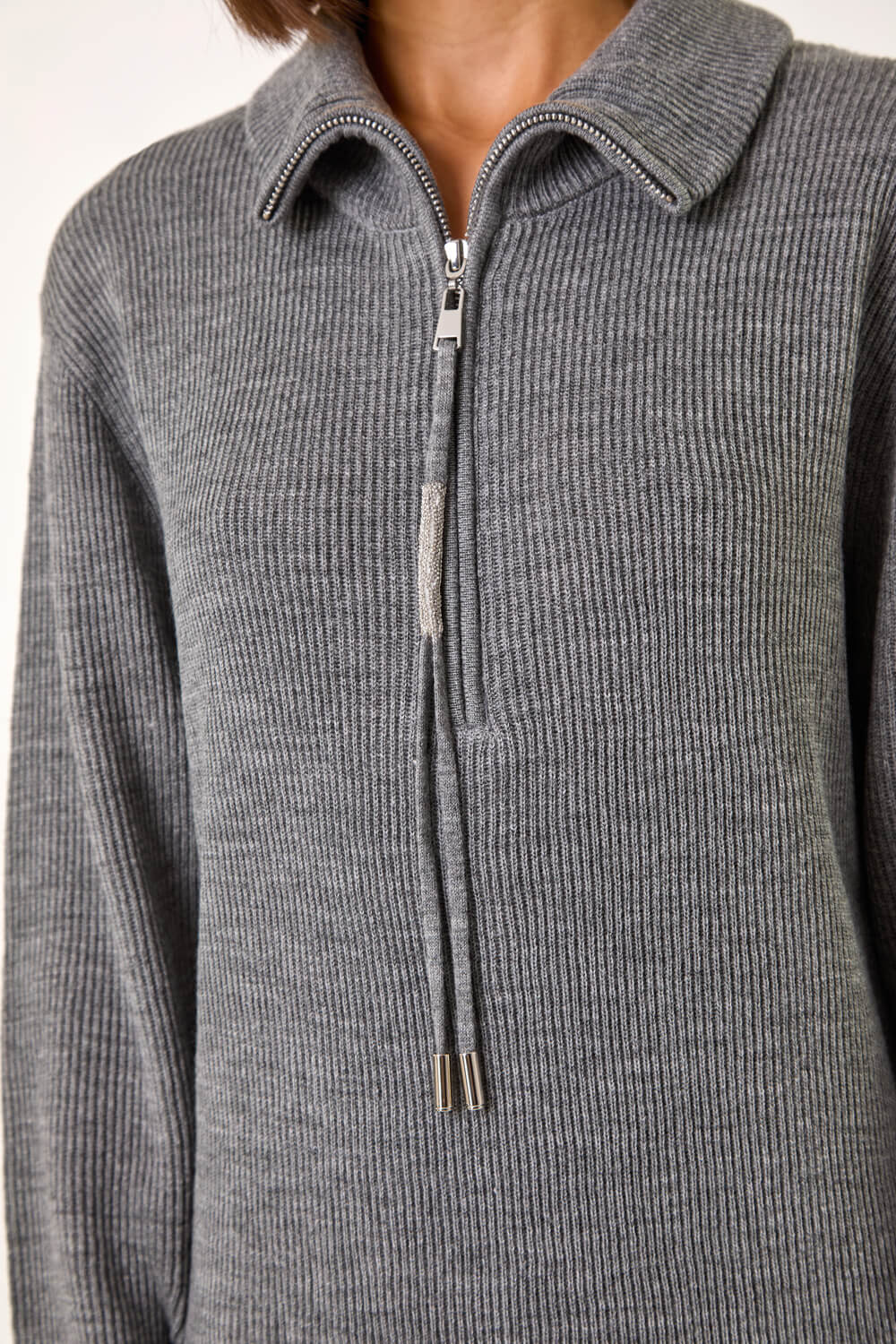Grey Knitted Zip Detail Dress, Image 6 of 5