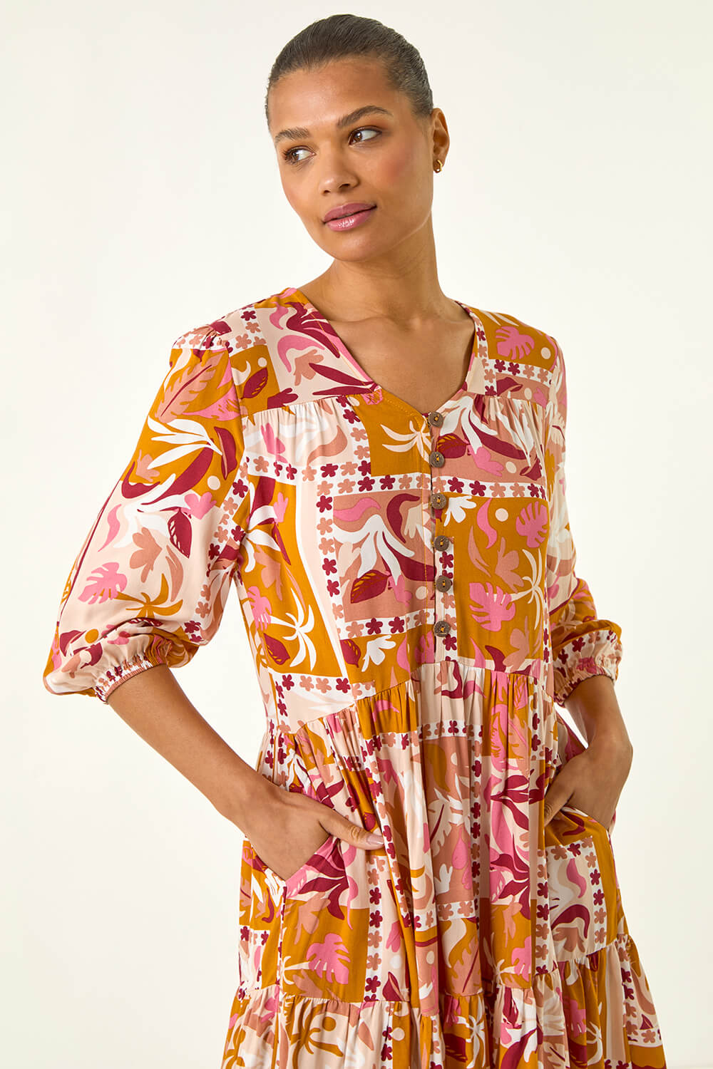 Amber Patchwork Smock V-Neck Dress, Image 5 of 5