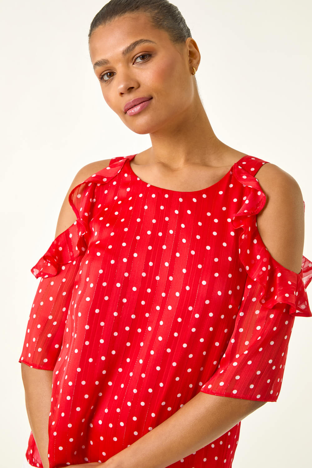 Red Spot Print Frill Cold Shoulder Top, Image 5 of 5