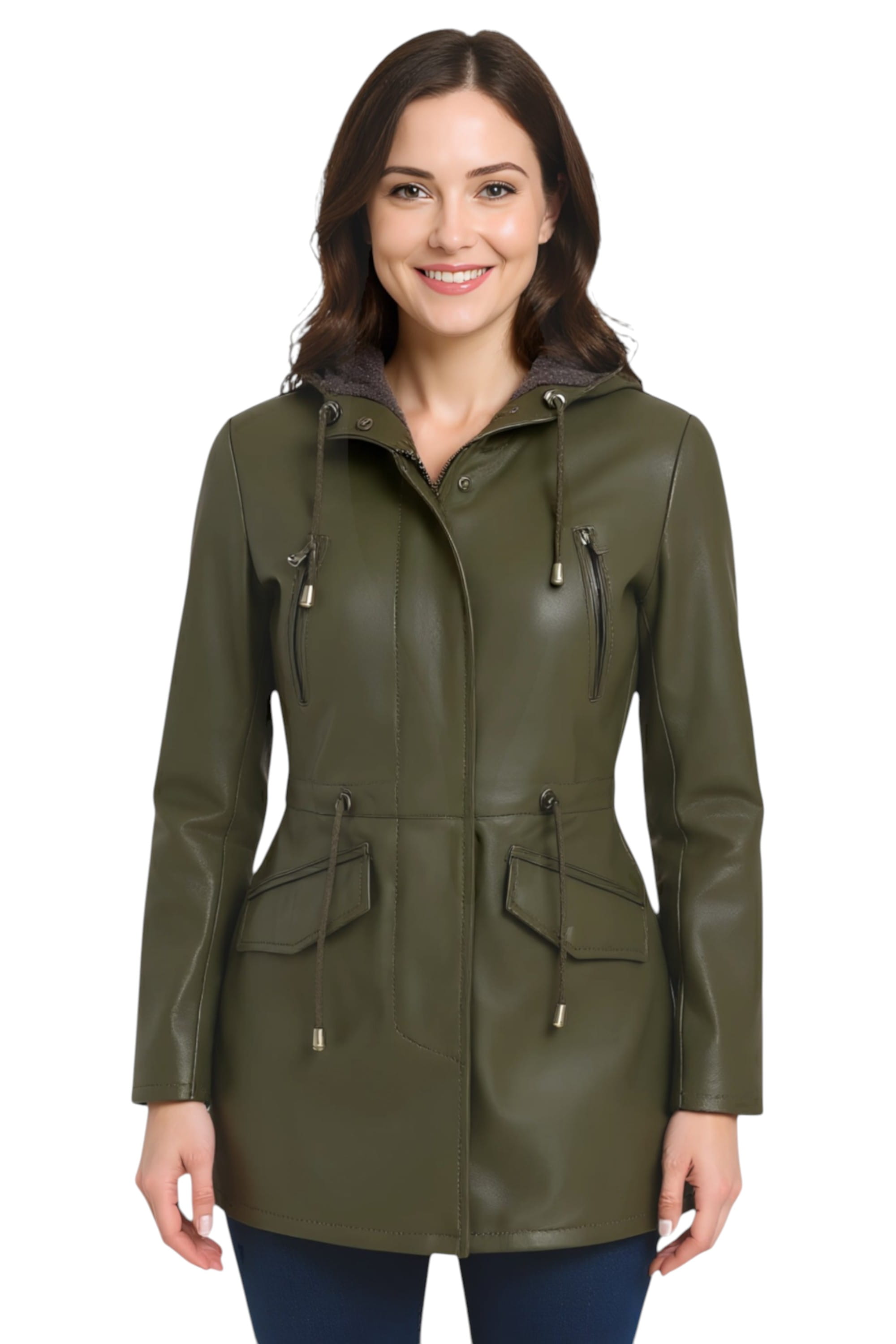 Green Leather Hooded Parka Jacket-Cairns, Image 1 of 6
