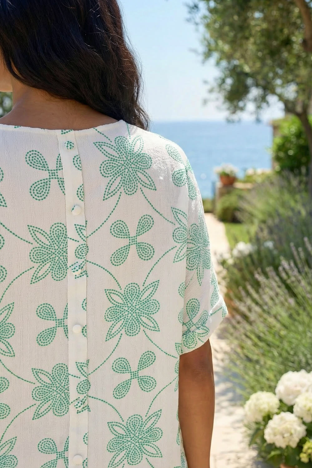 Green Floral Textured Buttoned Back Top, Image 5 of 4