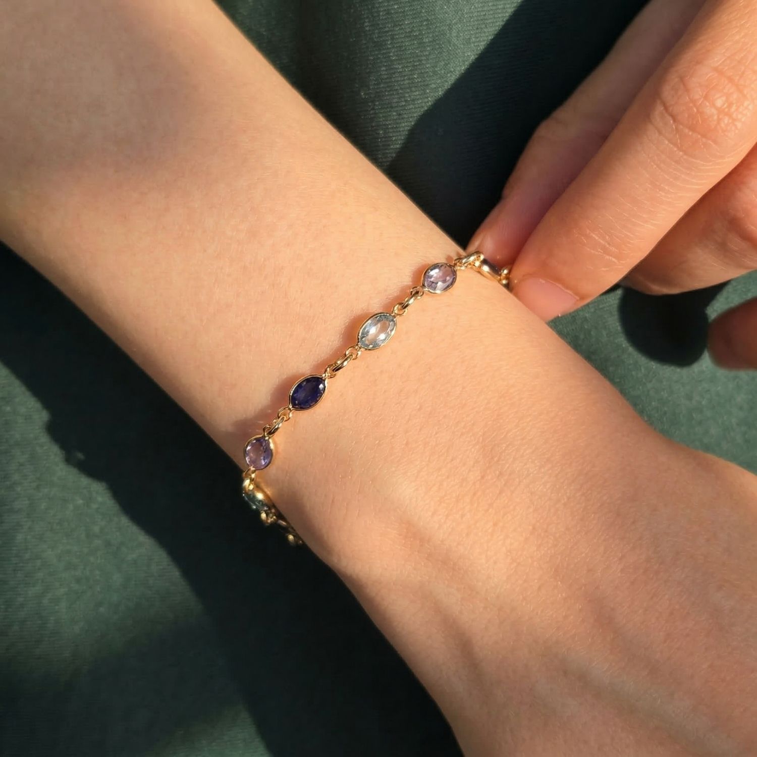 Gold Blue Crystal Multi Gemstone Gold Plated Bracelet, Image 2 of 4