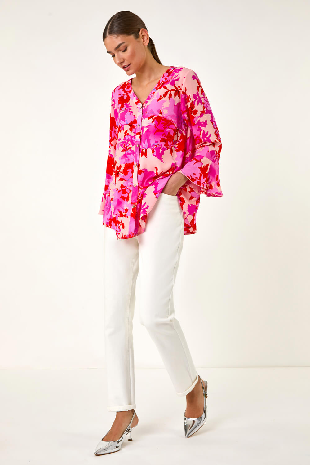 Pink Floral Print Flare Sleeve Blouse, Image 3 of 5