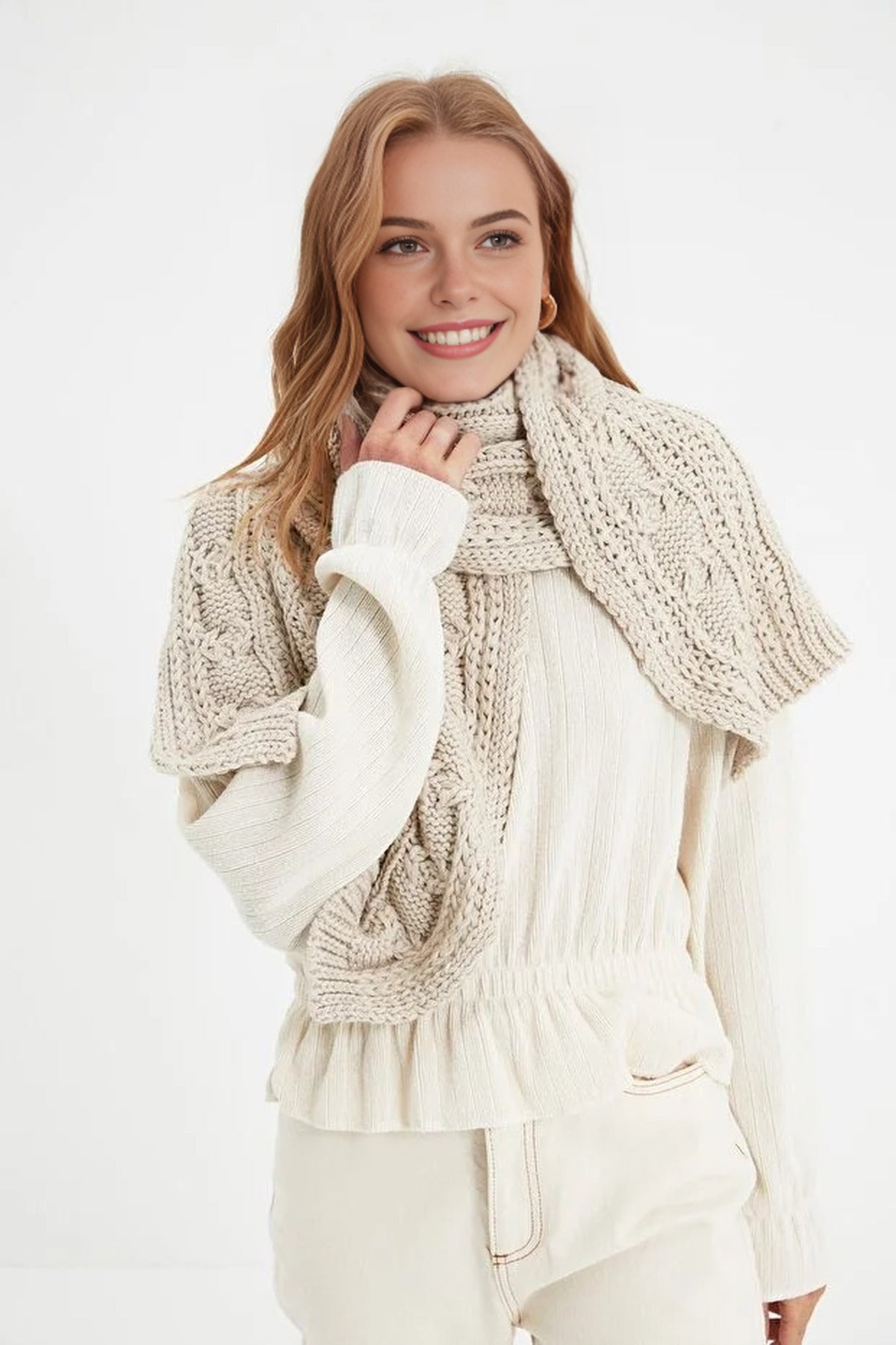 Beige Chunky Cable Knit Winter Scarf, Image 1 of 3