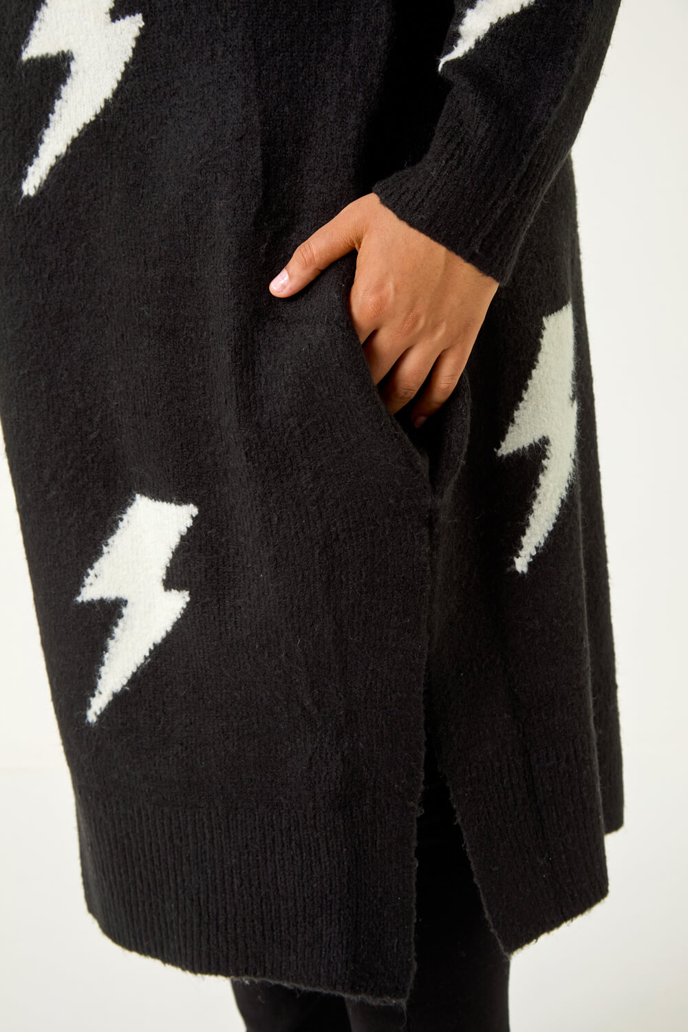 Black Curve Printed Longline Cardigan, Image 6 of 5
