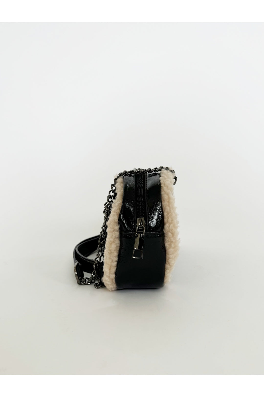 Black Patent Shoulder Bag with Borg Fur Trim, Image 5 of 6