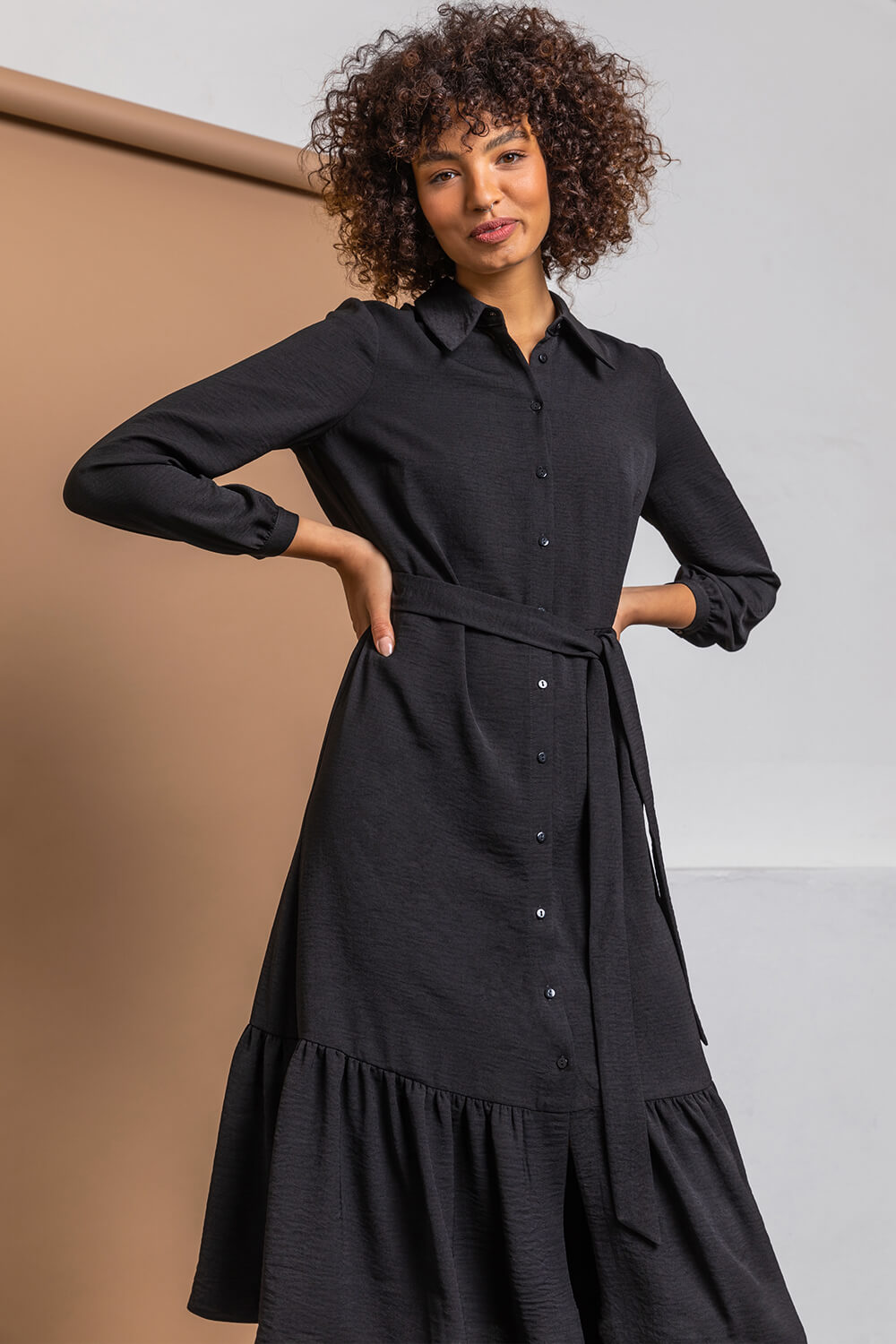 Black Tiered Midi Shirt Dress | Dusk UK