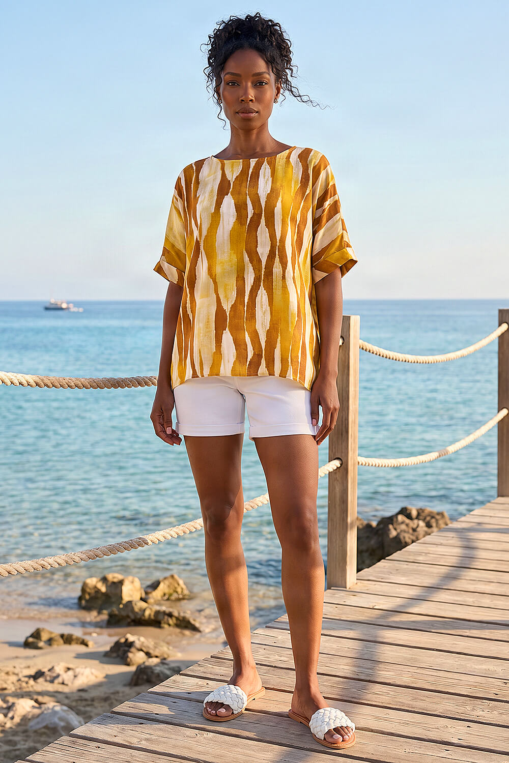 Orange Abstract Print Buttoned Tunic Top, Image 3 of 4