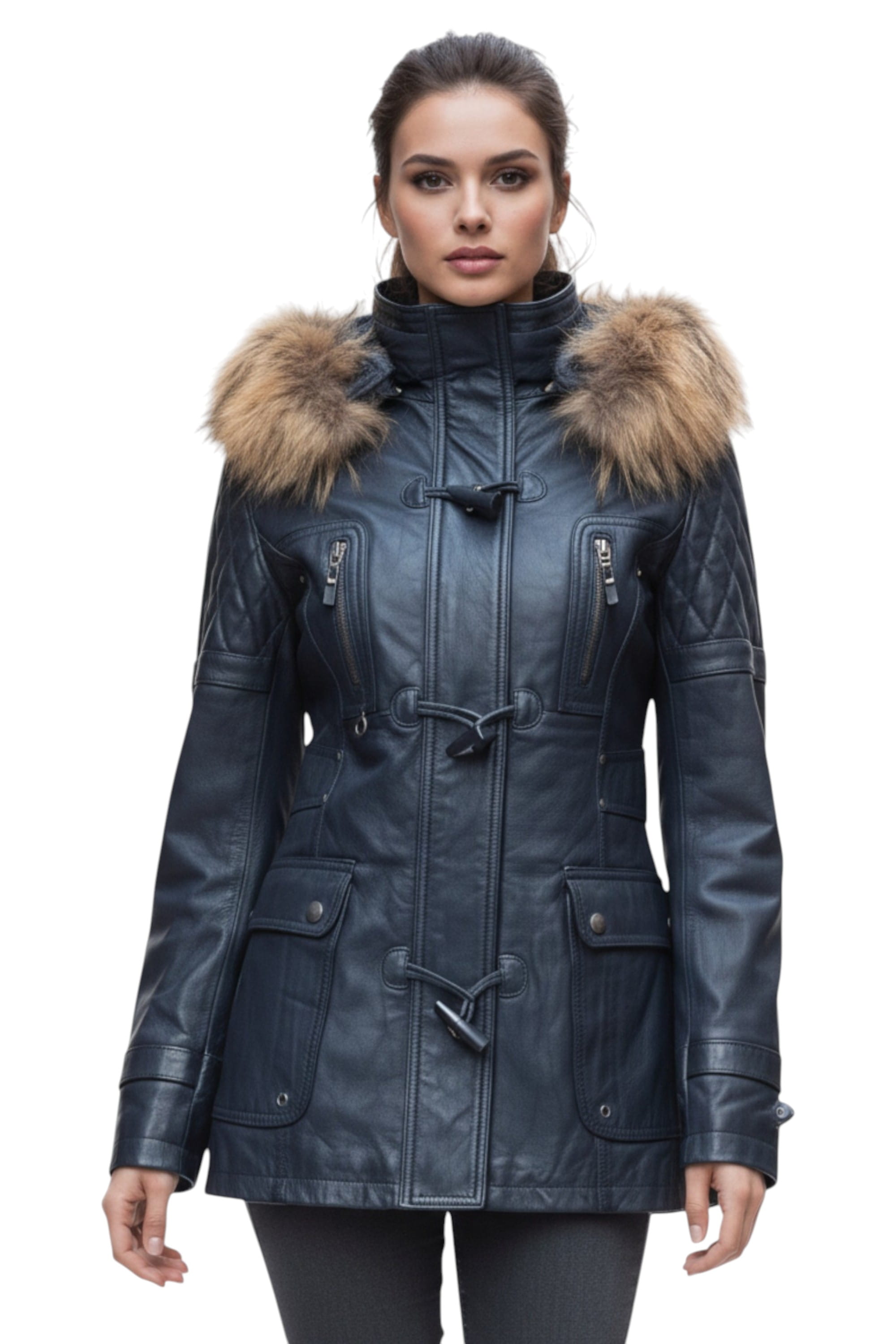 Navy Lamb Leather Parka Fur Hood Jacket, Image 1 of 6