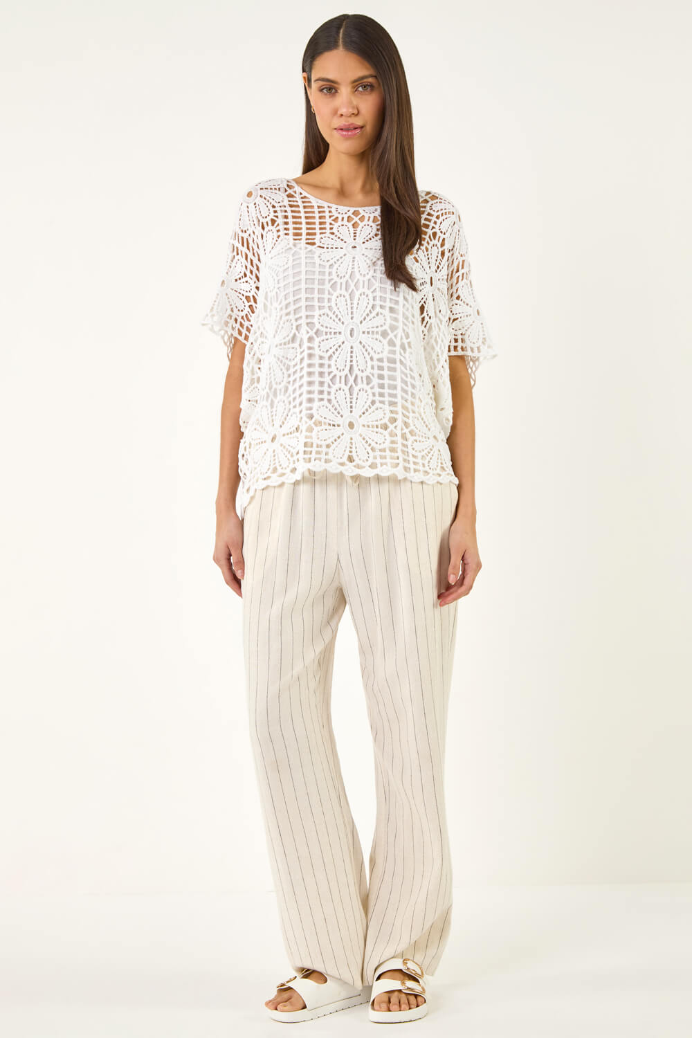 White Floral Crochet Knit Top, Image 4 of 6