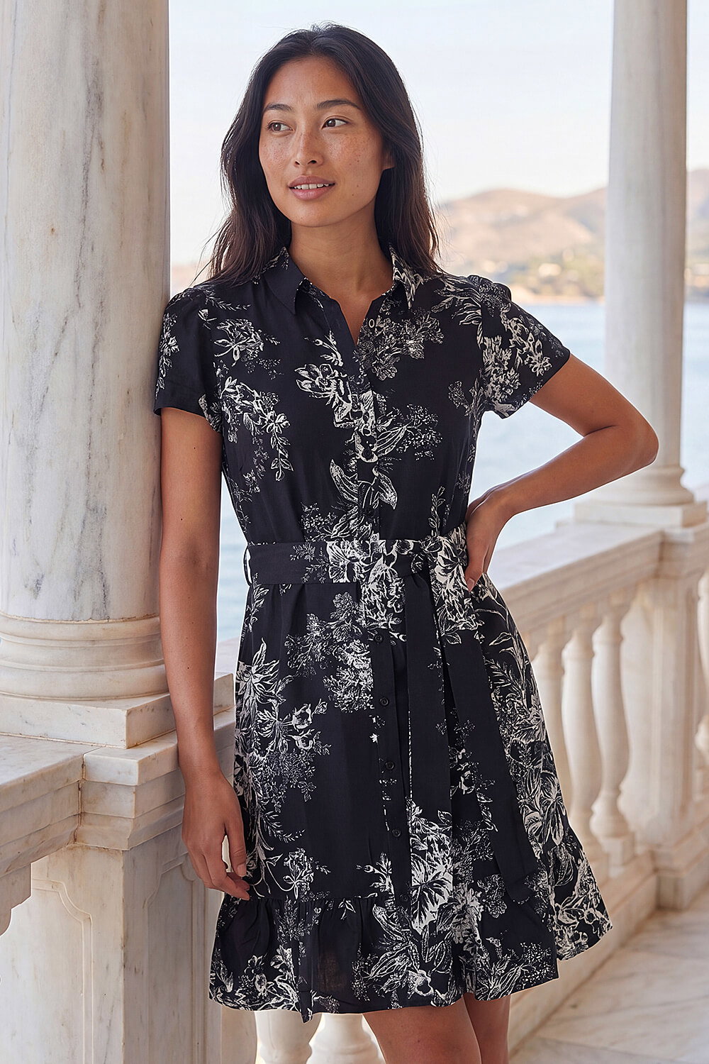 Black Petite Floral Print Frill Shirt Dress | Roman UK