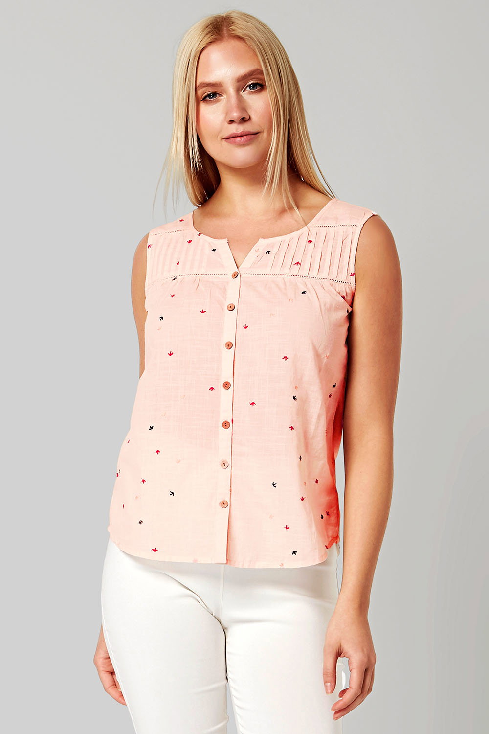 Light Pink Embroidered Sleeveless Button Blouse, Image 1 of 4
