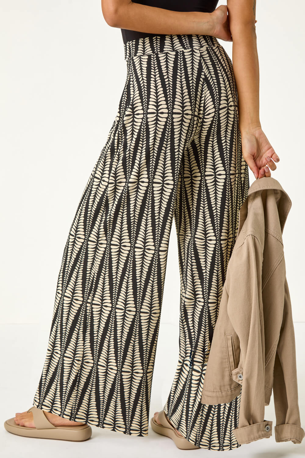Black Mono Print Wide Leg Stretch Trouser, Image 4 of 7